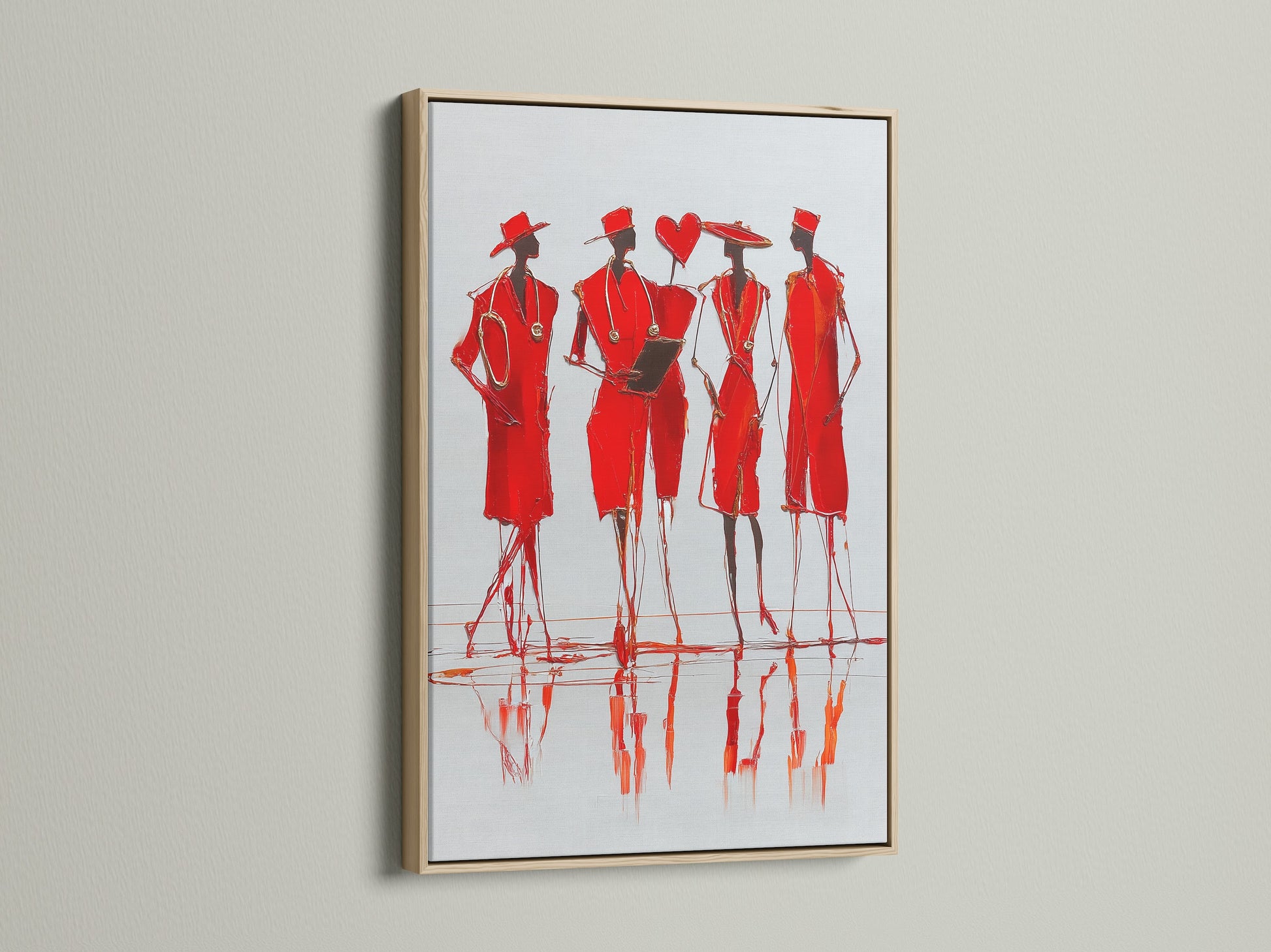 Red Fashion Sketch Art displayed in an oak frame. This contemporary figure drawing is a canvas print. This modern fashion wall art is great for adding style to any room.