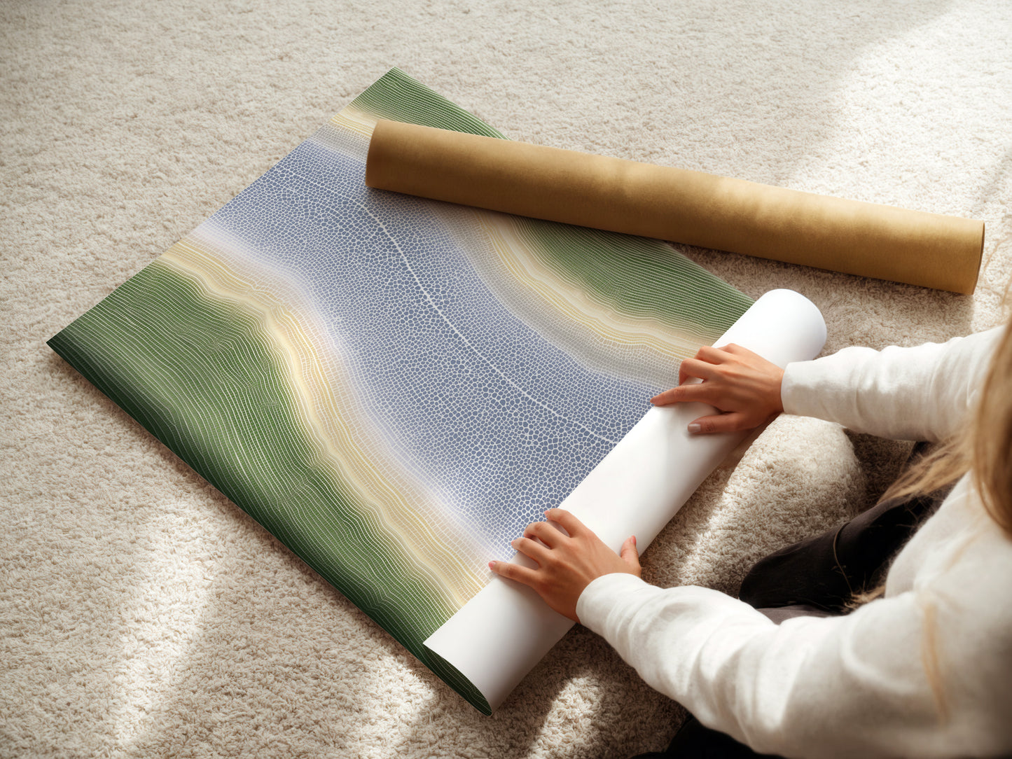 A woman is carefully rolling a fine art poster paper. This action preserves the quality of the abstract river artwork. The poster paper is ideal for creating affordable wall art. It is perfect for adding calming artwork to your space.