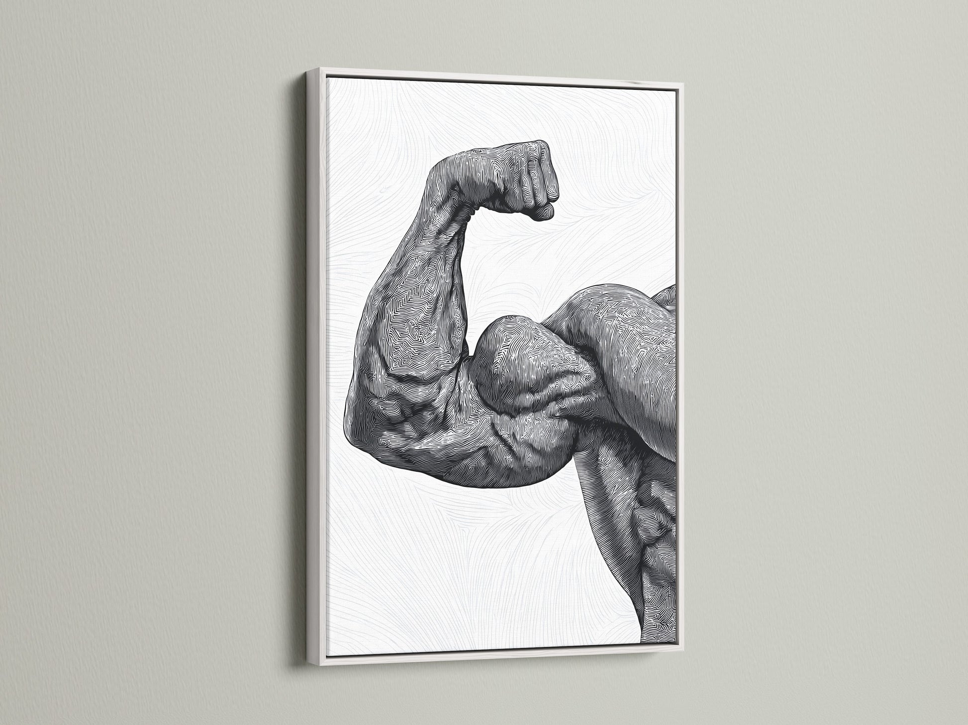 This artwork features a bold illustration of a muscular arm framed in a clean white frame. White frames offer a modern and minimalist look. Ideal for contemporary spaces. Discover our range of art prints in white frames. Elevate your home decor with our stylish artwork. High-quality prints and frames for every taste.