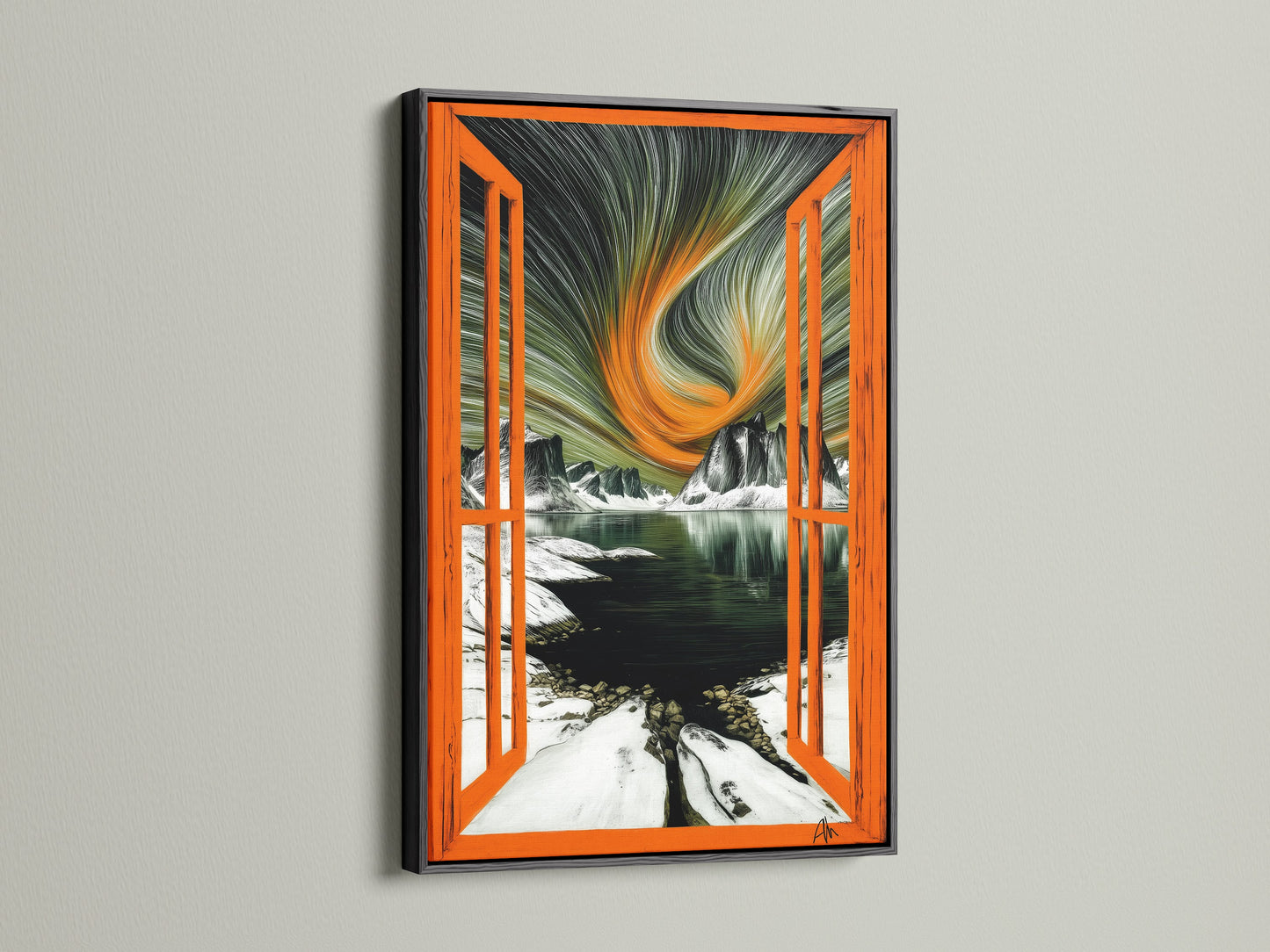 This striking aurora borealis canvas art is presented in a black frame. The open window view offers a dramatic arctic landscape. The artwork showcases the contrast between the dark sky and the vibrant lights. It is perfect for creating a bold statement in your home. The black frame adds a touch of sophistication. It highlights the intricate details of this Nordic wall art.