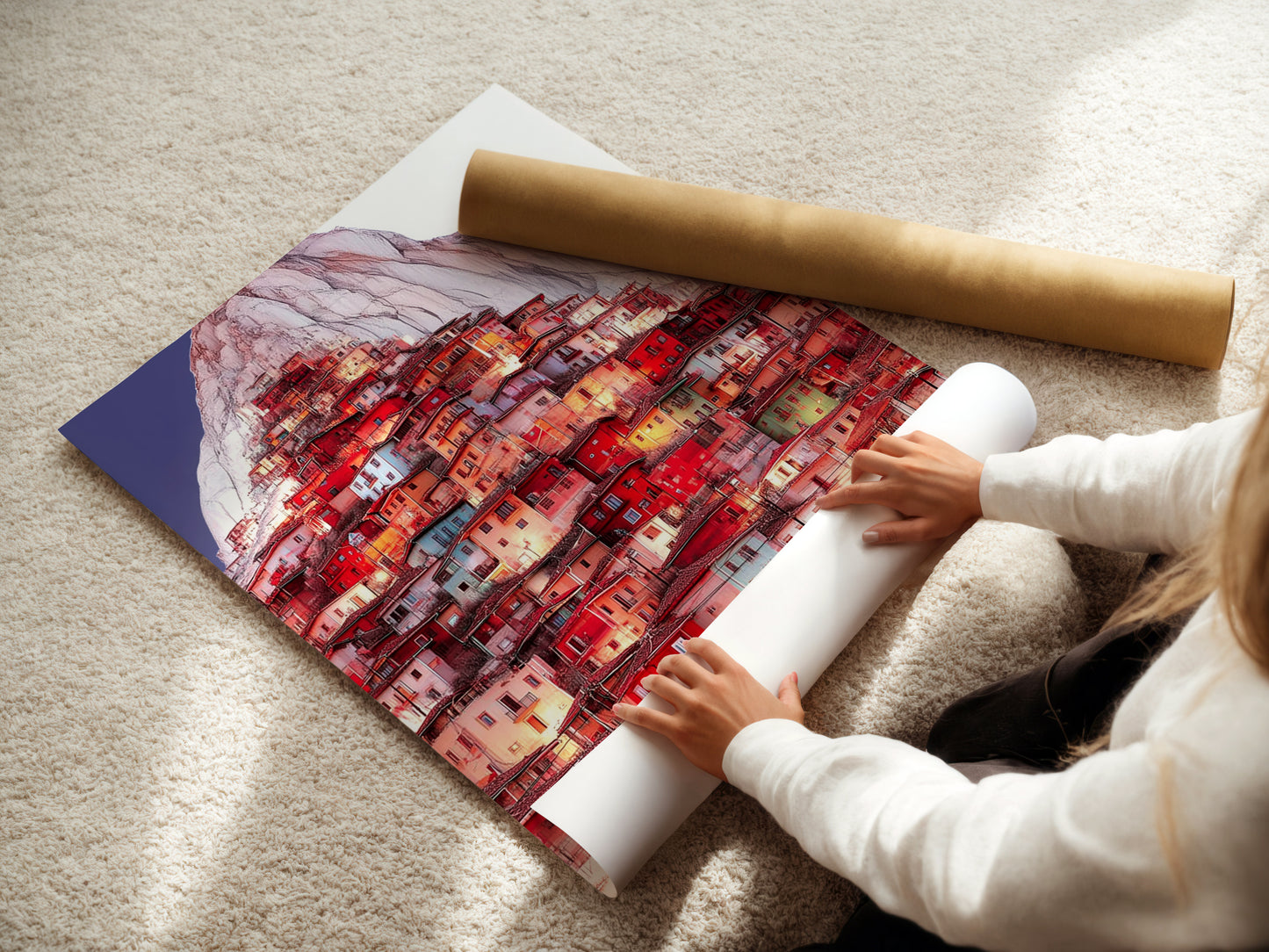 A woman carefully rolls a fine art poster paper of the Mountain Village artwork. Ensuring safe delivery of your Italian art print. Get ready to display your scenic wall art with care.