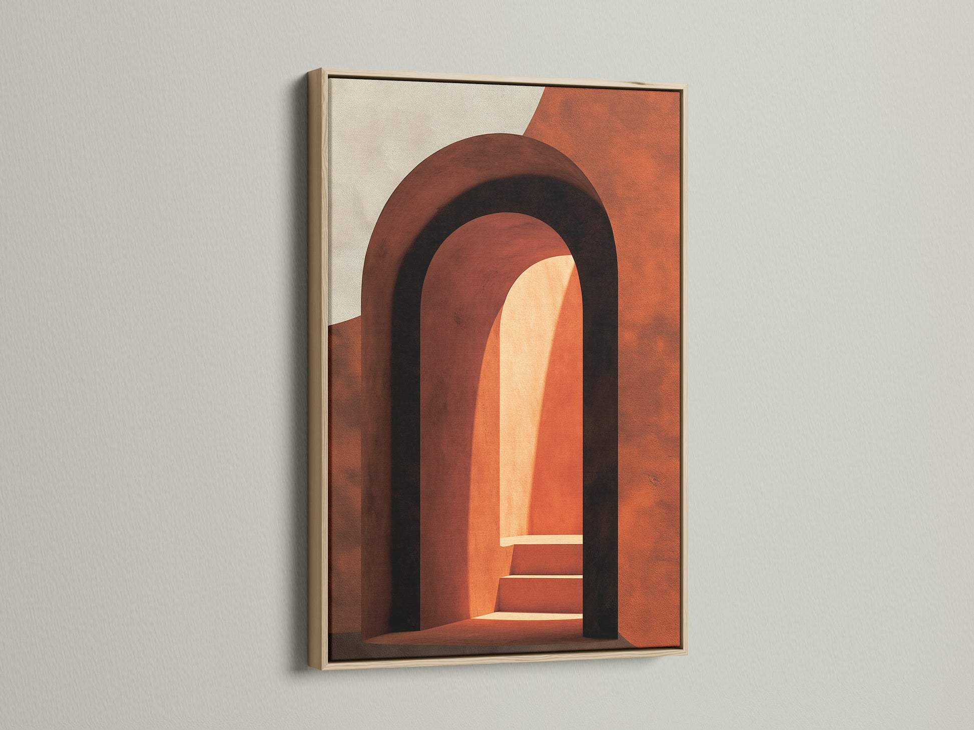 Artwork with an oak frame. The art features arches and steps. The oak frame offers a natural and warm touch. Enhance your home decor with our stylish and high-quality frames.