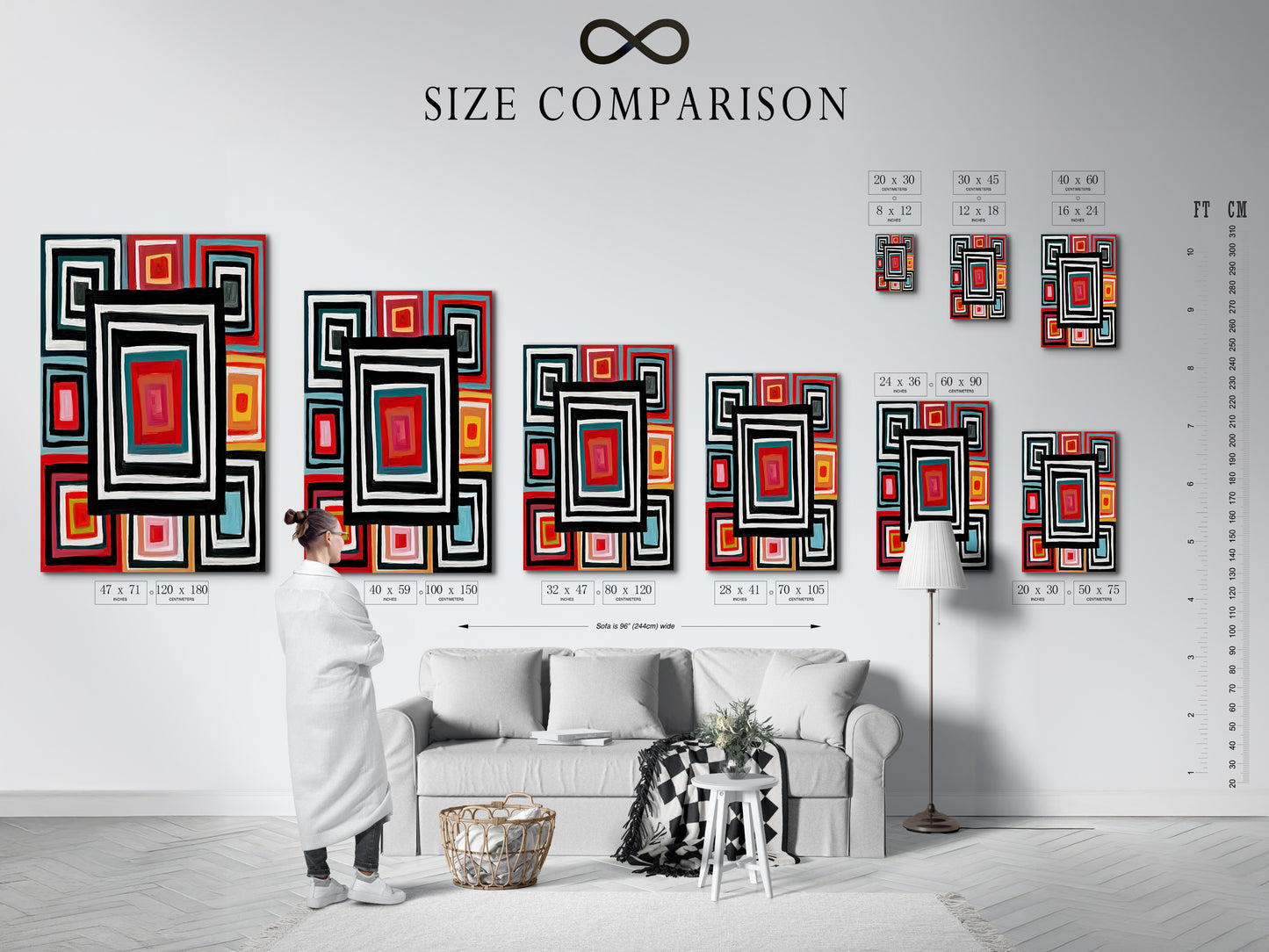 A size comparison chart in an interior setting. Visualize how the Geometric Squares canvas print fits in your space. This retro colorful wall artwork enhances any room. Perfect for modern abstract home decor. See the impact of square pattern art.