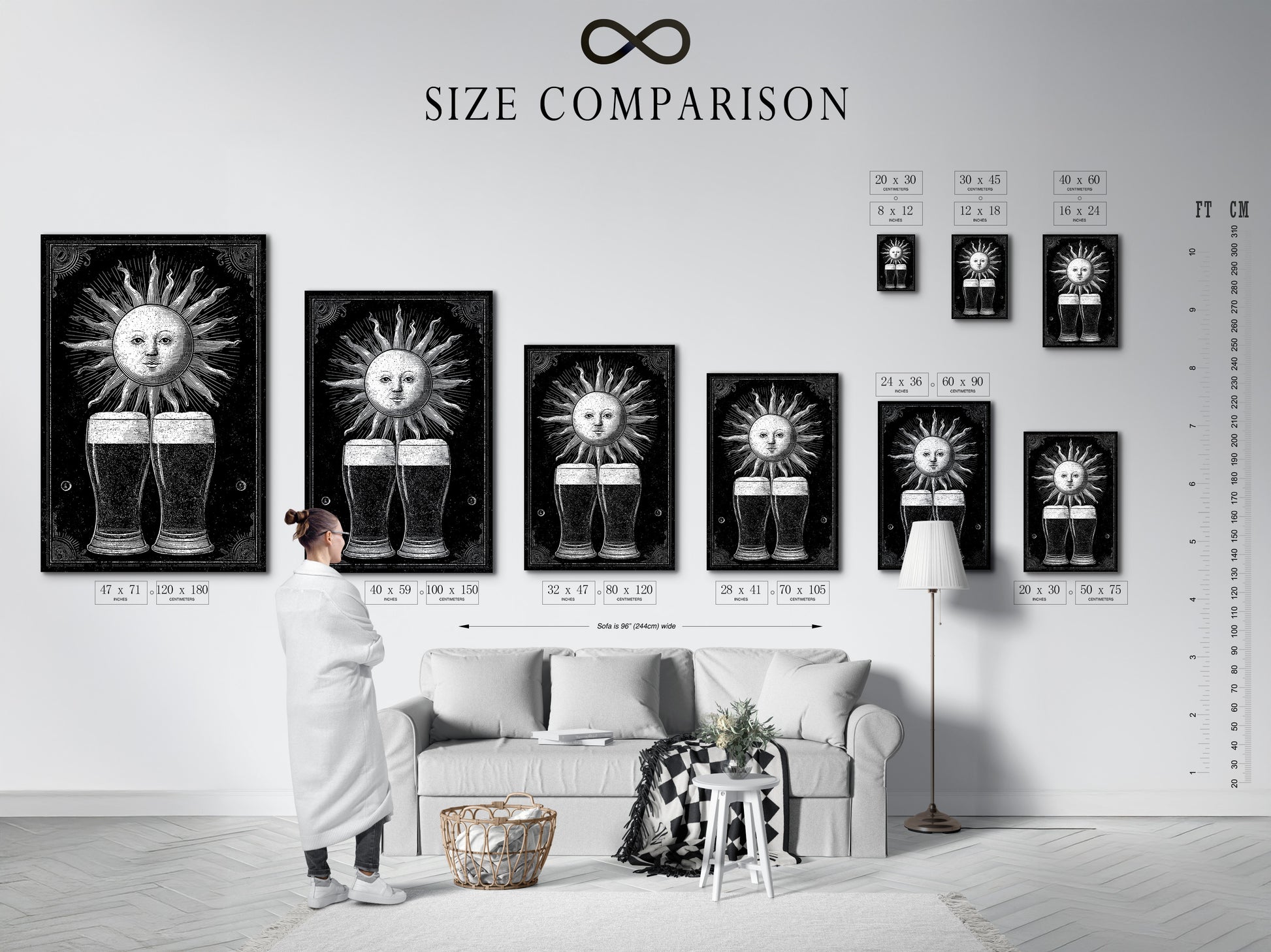 Size comparison chart is displayed in an interior setting. See how our art prints fit in your space. Choose the perfect size for your vintage sun illustration artwork. Visualize your art before you buy. Find the perfect fit.