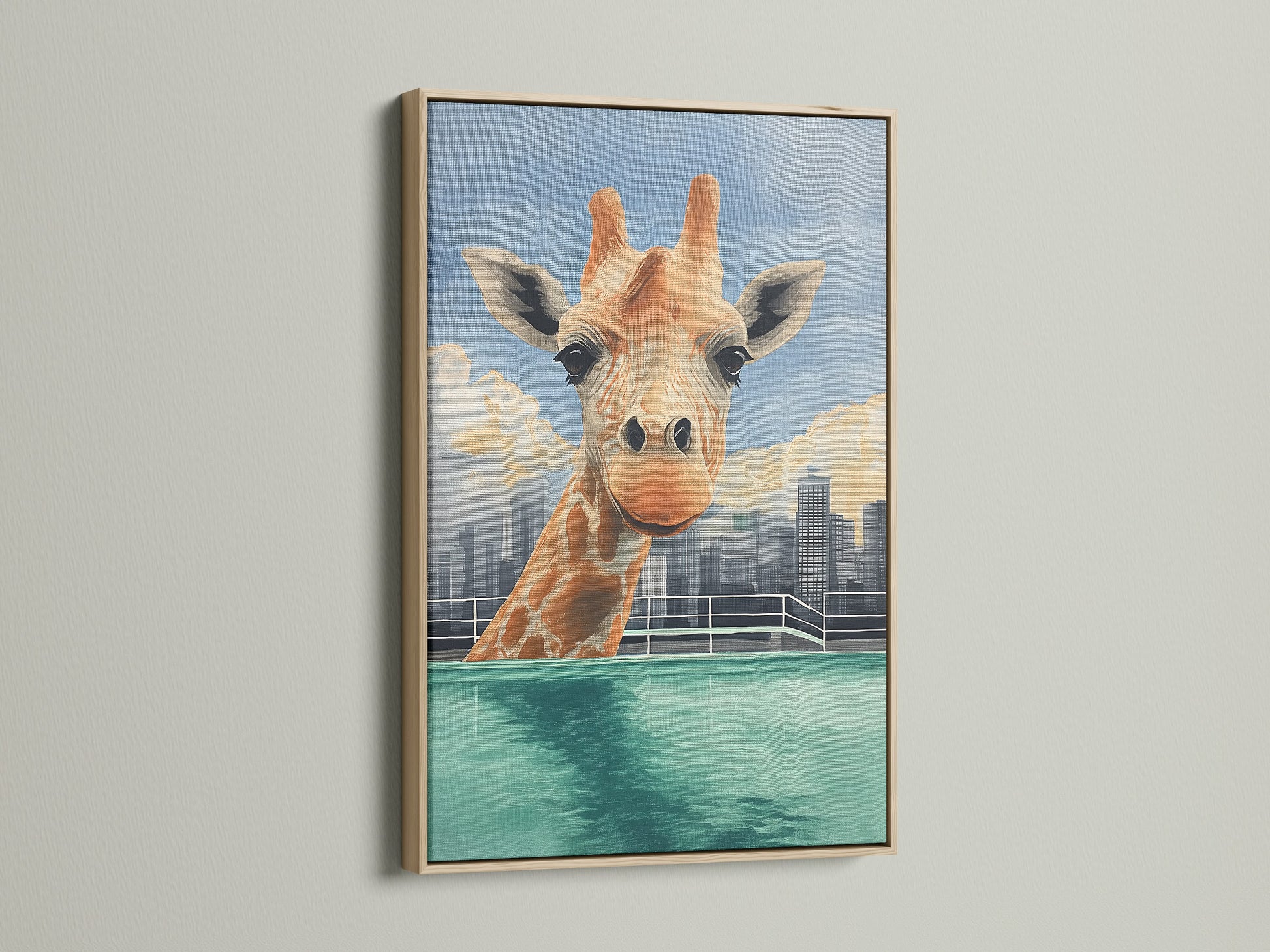 A delightful giraffe skyline artwork is showcased in a natural oak frame. This animal canvas brings a fun and modern touch to your decor. Perfect for a playroom or kids' room.