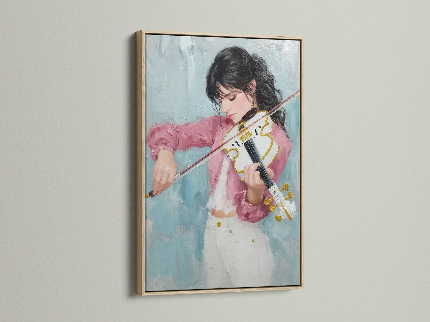 Violinist canvas art showcased in an oak frame. The artwork features a girl playing a violin. The canvas enhances the musical artwork. This artwork makes a thoughtful musician gift. It is ideal for adding a touch of sophistication to any space.