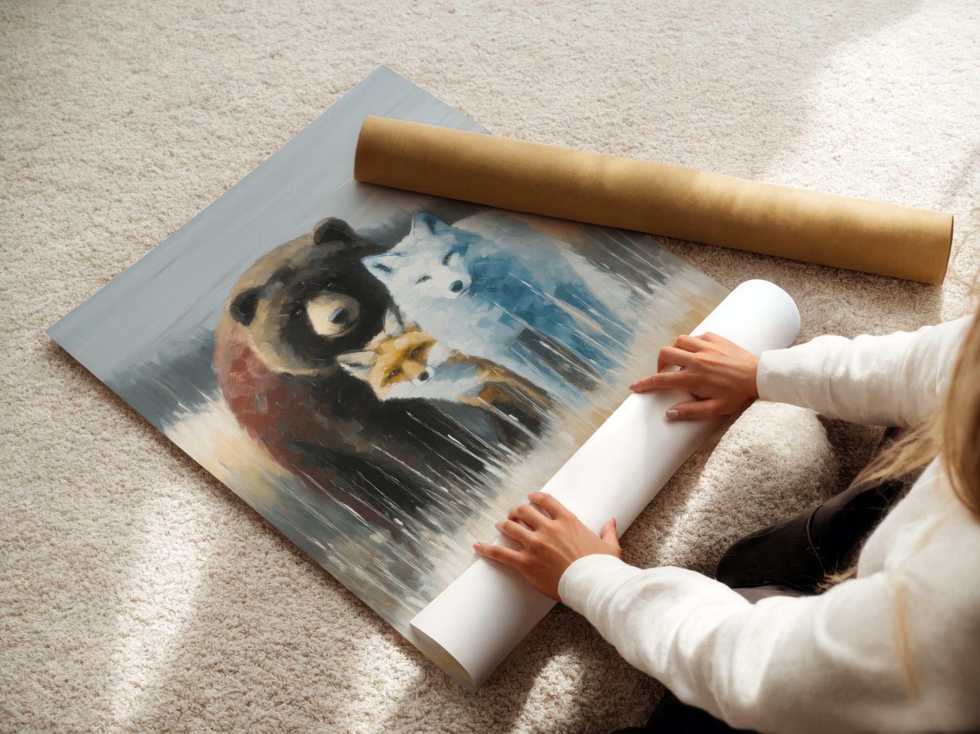 A woman is carefully rolling a fine art poster paper. This paper is used for Wildlife Trio artwork. High-quality printing ensures lasting beauty. Perfect for creating animal canvas prints bear artwork fox prints and wolf art. Ideal for rustic home decor.