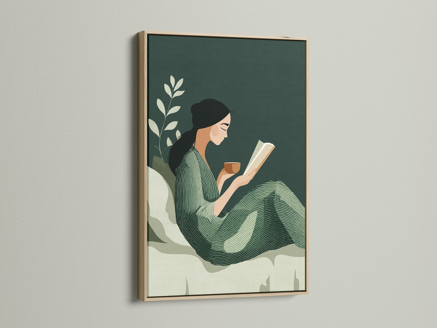 The Reading Woman art print looks beautiful in an oak frame. This sage green botanical wall art enhances any space. It's ideal for modern and minimalist interiors. The artwork brings a peaceful and literary touch to your home.