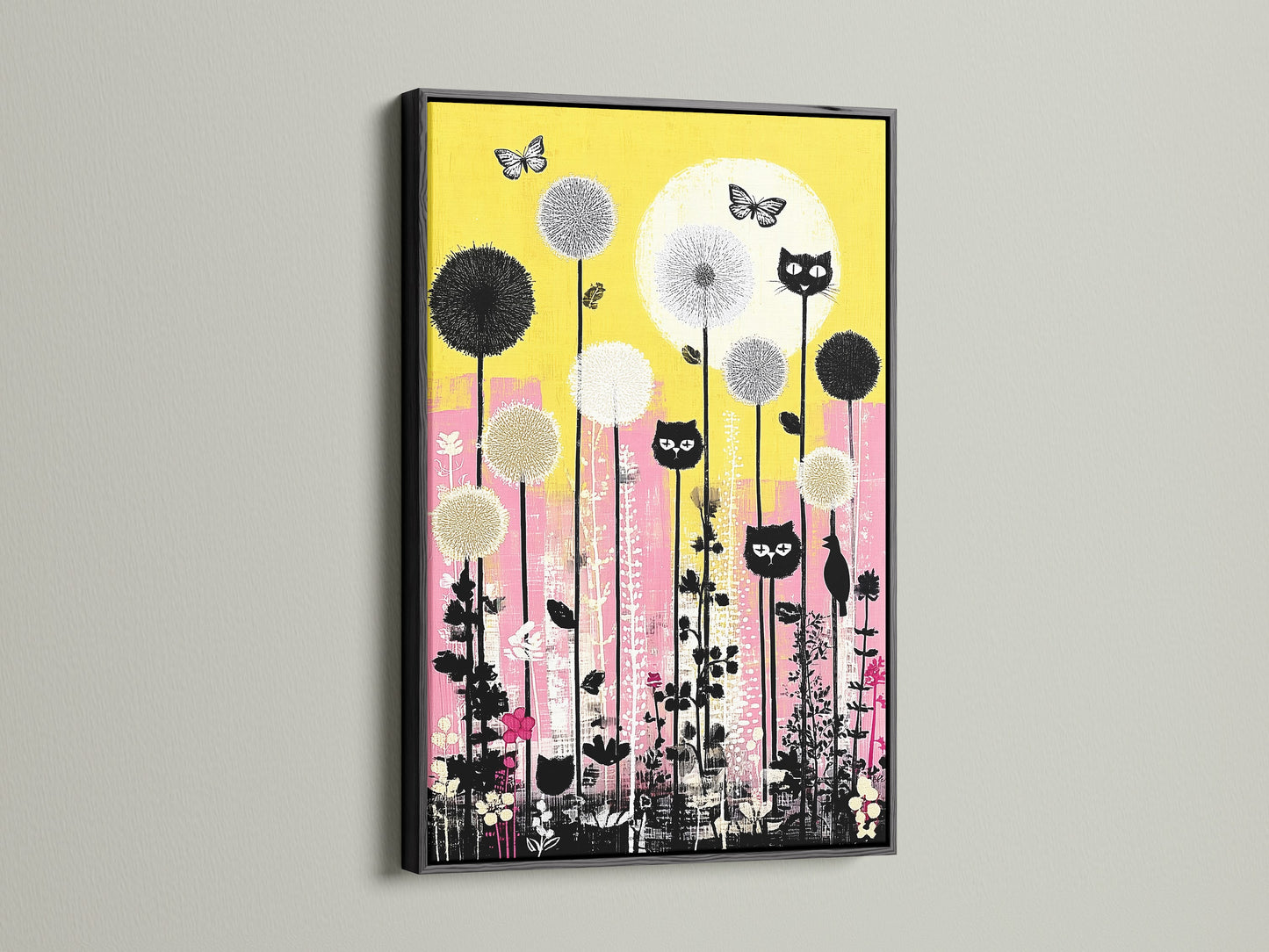 The cat garden artwork is framed in black which creates a striking contrast. The playful feline poster is perfect for kids room decor. It has yellow and pink floral details. The black frame enhances the artwork's modern appeal making it a focal point.