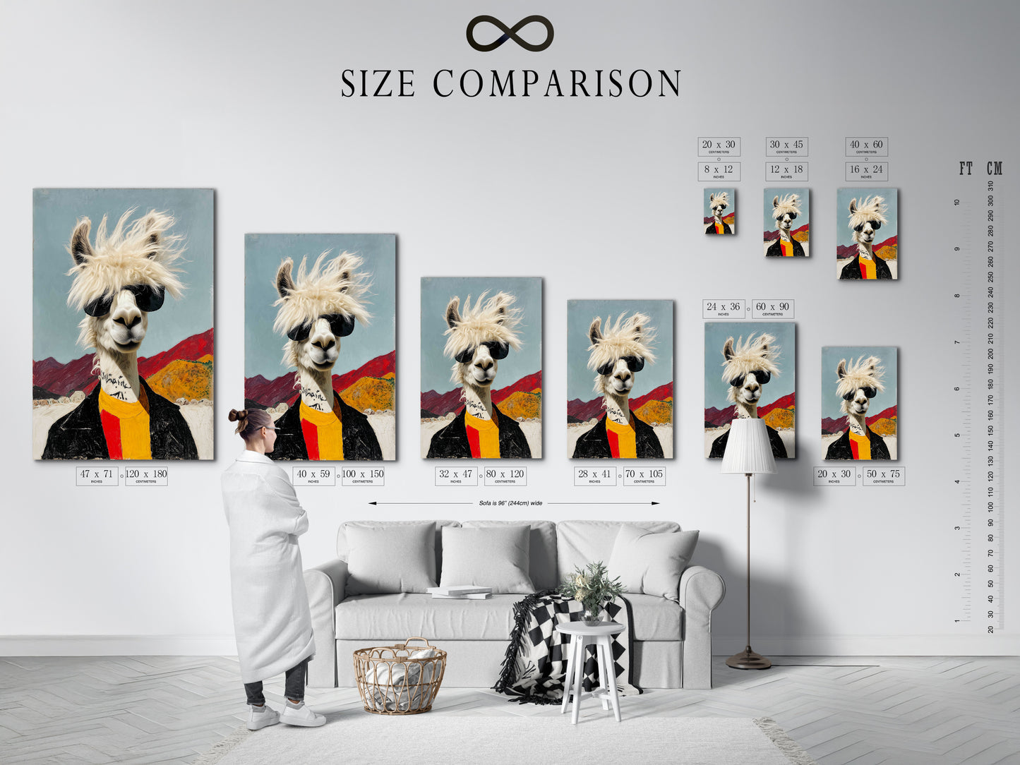 A size comparison chart in an interior setting. Visualize cool llama artwork dimensions. See how this quirky animal print fits your space. Alpaca canvas options for your wall decor.