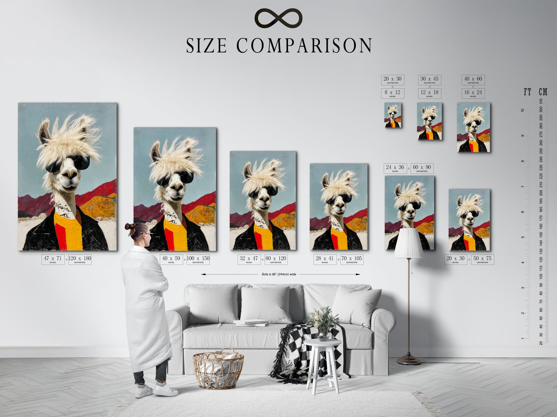 A size comparison chart in an interior setting. Visualize cool llama artwork dimensions. See how this quirky animal print fits your space. Alpaca canvas options for your wall decor.