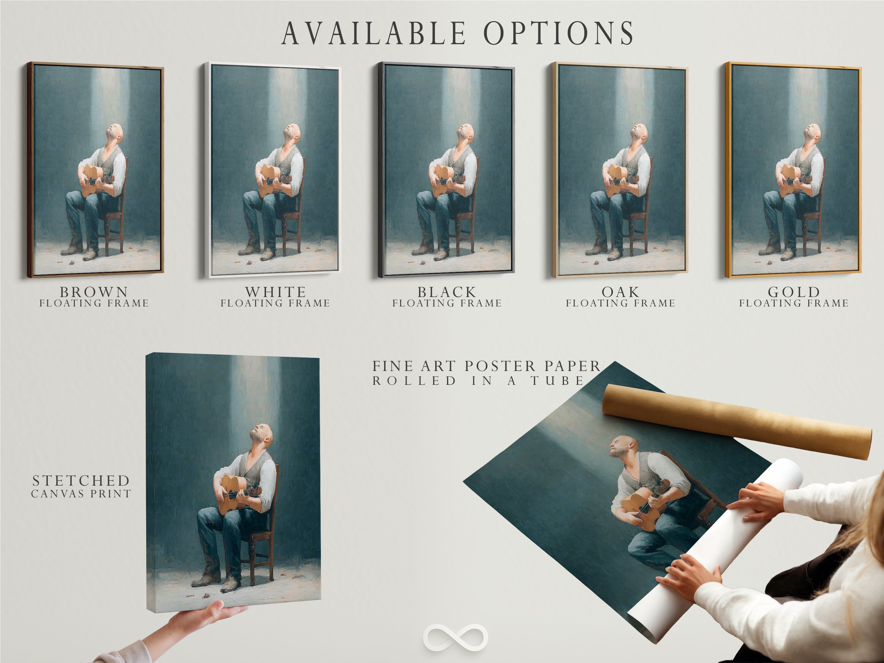 Available options include stretched canvas print fine art poster paper and floating frame. Choose the perfect style for your rustic man with guitar artwork. Enhance your music room decor today