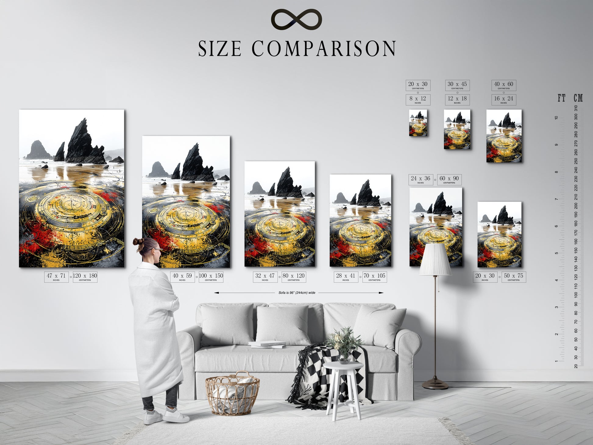 Size comparison chart displayed in an interior setting with mystical compass art. Choose the perfect size for your steampunk decor. See how our canvas prints fit in various spaces.