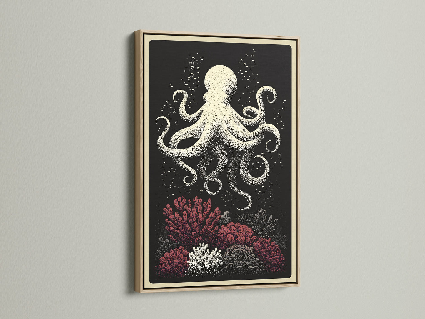 Oak Frame art print. This octopus canvas print is nautical wall art. This piece features coral reef art for coastal home decor. The light wood frame adds a natural touch. It's a great choice for ocean creature artwork.