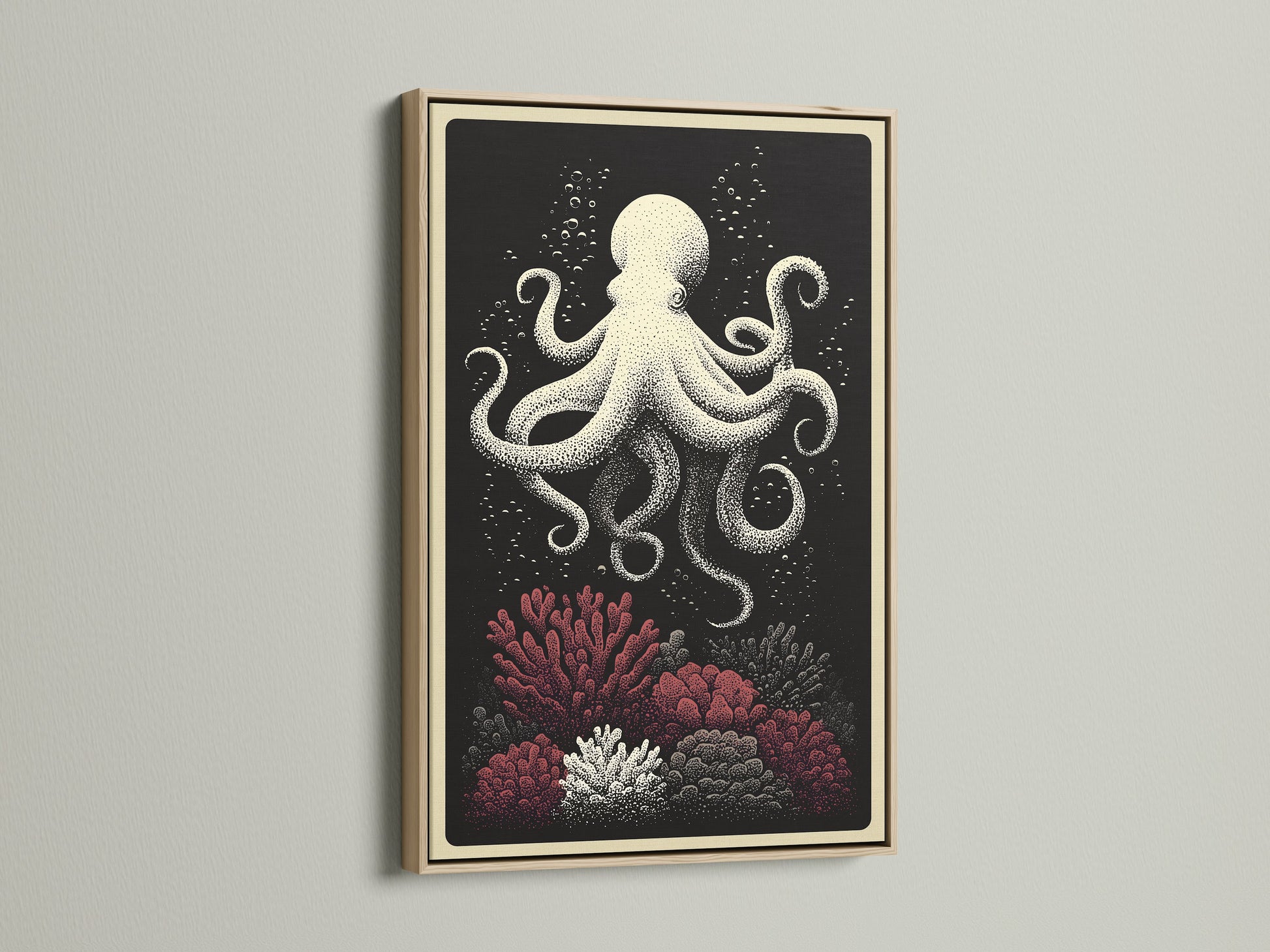 Oak Frame art print. This octopus canvas print is nautical wall art. This piece features coral reef art for coastal home decor. The light wood frame adds a natural touch. It's a great choice for ocean creature artwork.