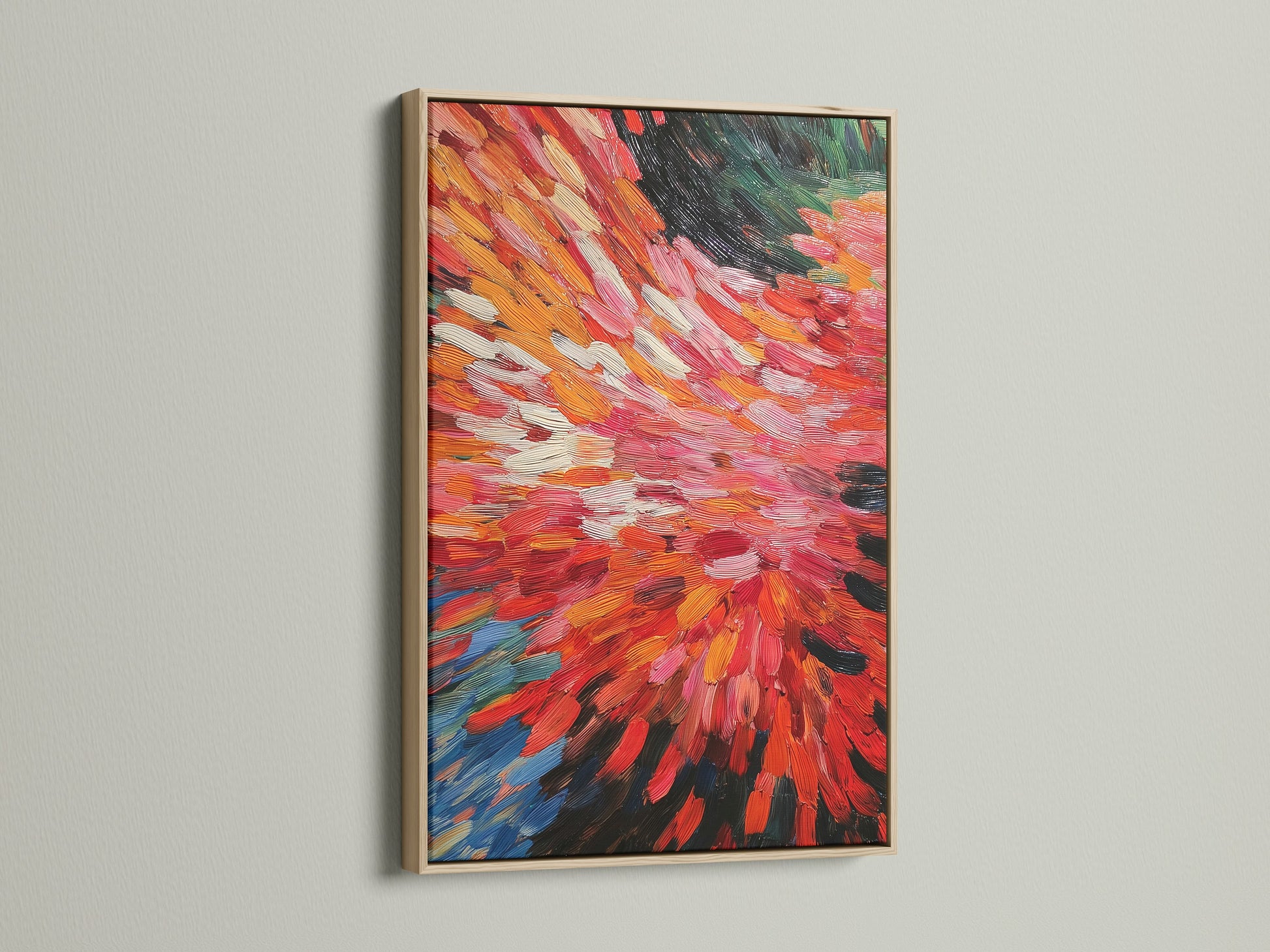 An abstract burst artwork with dynamic brushstrokes in an oak frame is showcased. The red and orange colors create an energetic feel. This contemporary print enhances minimalist Scandinavian or eclectic styles. Elevate your space with this fiery wall art.