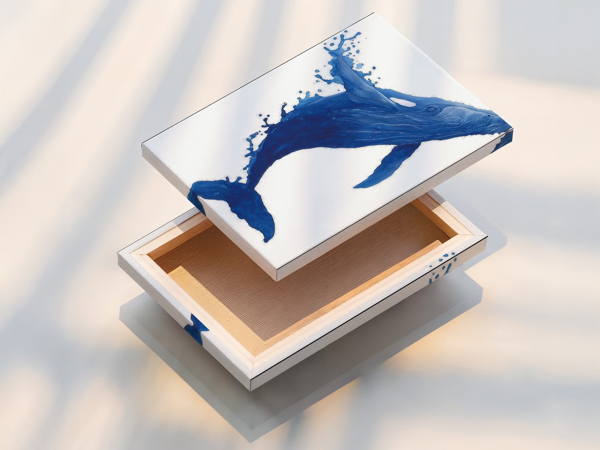 Discover our stretched canvas print of the indigo blue whale artwork. Ready to hang and transform your space. Ideal for coastal nautical or minimalist decor. This aquatic art suits bathrooms nurseries and vacation homes. Experience the beauty of sea animal art today.