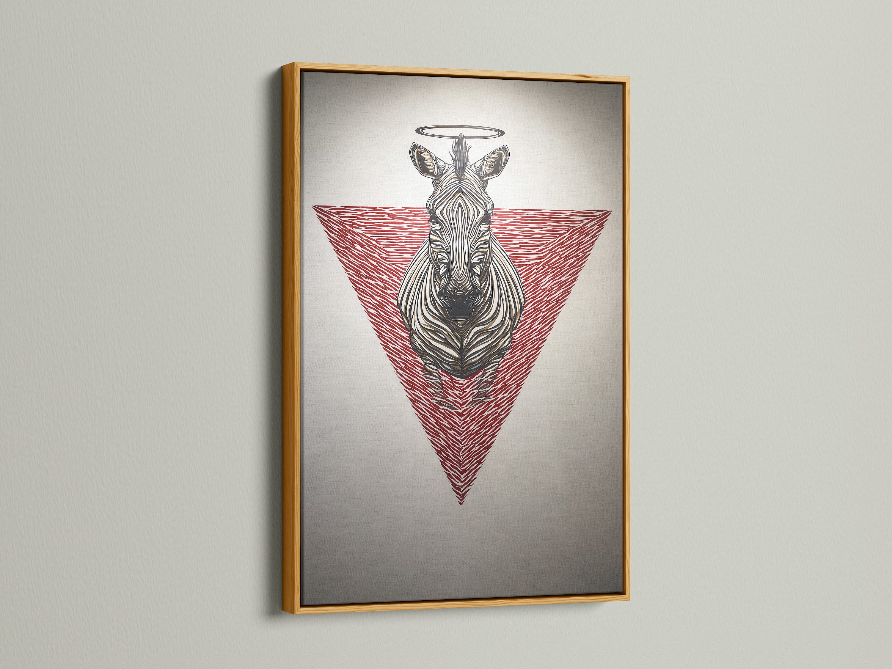 Admire zebra sacred geometry art in a gold frame. The gold frame enhances the red triangle and animal canvas print. This modern wildlife art makes a statement in any space. Perfect for adding a touch of elegance to your home or office.