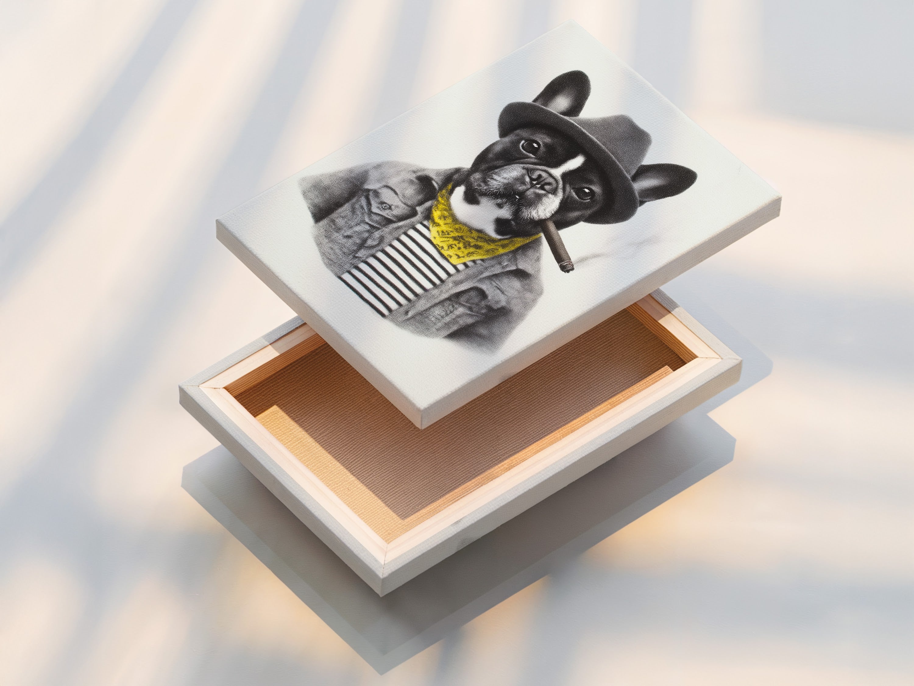 The stretched canvas print of the French Bulldog artwork is displayed. This option provides a gallery-ready look for your dog portrait print. The stretched canvas enhances the vintage animal art. It is perfect for creating a focal point in any room.