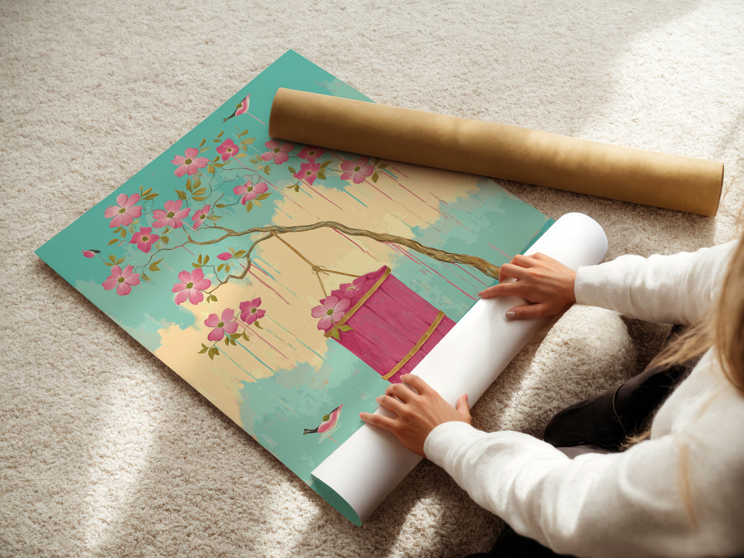 A woman is carefully rolling a fine art poster paper. The poster features a delicate floral blossom design. The pink flowers and birds create a serene and elegant look. Perfect for adding a touch of nature to your walls.
