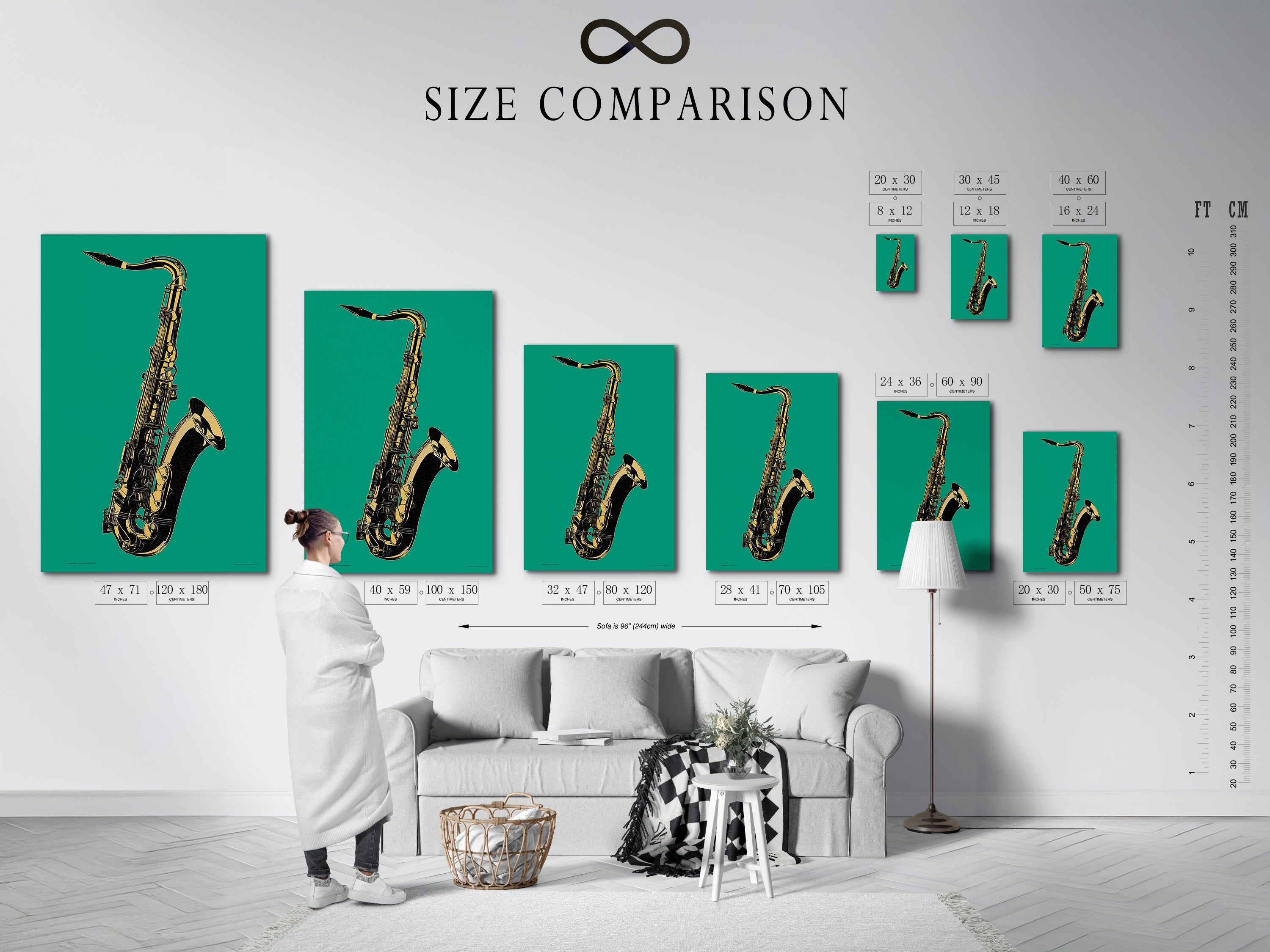 Size comparison chart in an interior setting. Showing various dimensions for saxophone artworks. Find the perfect fit for your music room decor. The teal green jazz wall art comes in multiple sizes. Choose the ideal instrument print for your space. Explore our office wall art options.