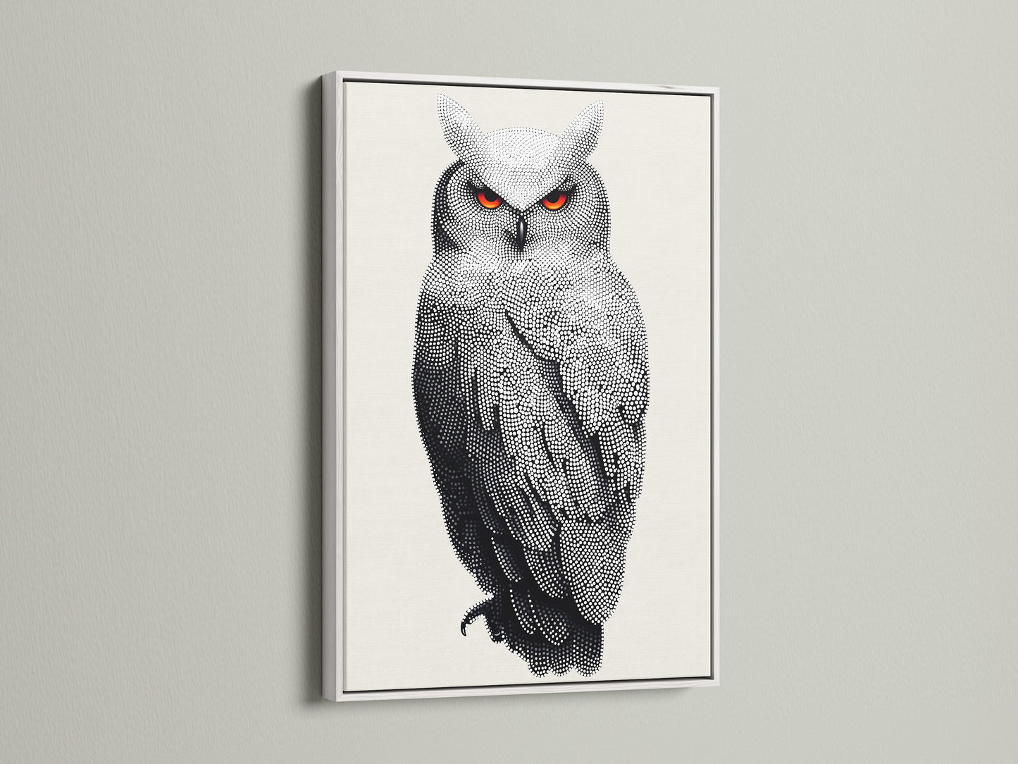 Elevate your decor with this owl artwork in a white frame. The wildlife canvas showcases modern animal art. This bird art print is perfect for adding style to your walls. A great addition to any space.