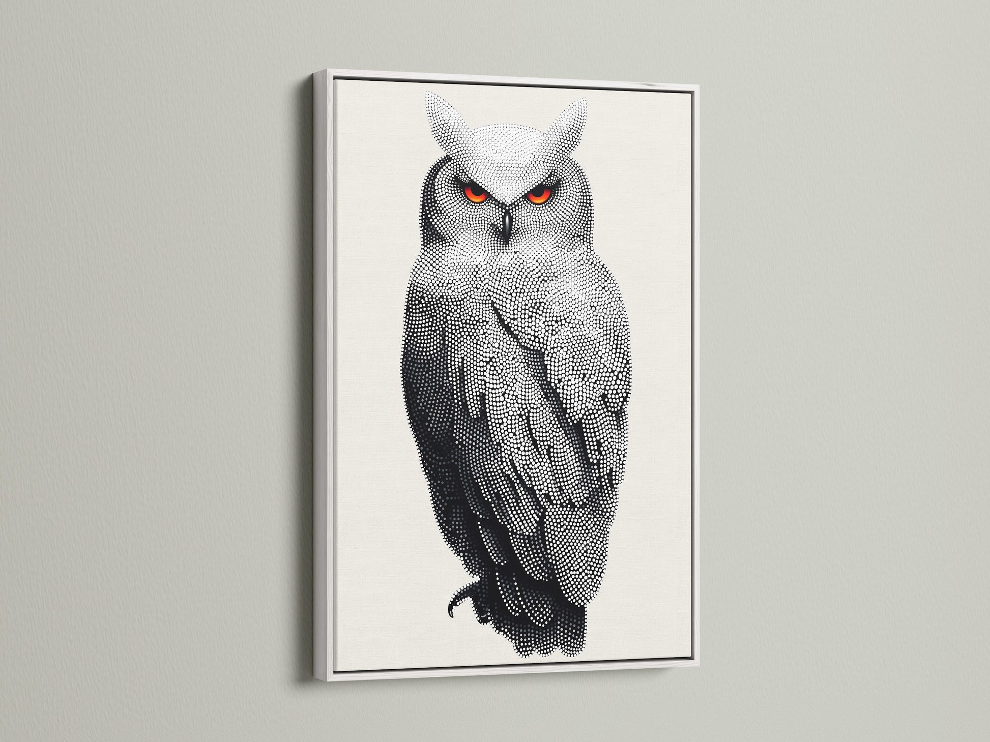 Elevate your decor with this owl artwork in a white frame. The wildlife canvas showcases modern animal art. This bird art print is perfect for adding style to your walls. A great addition to any space.