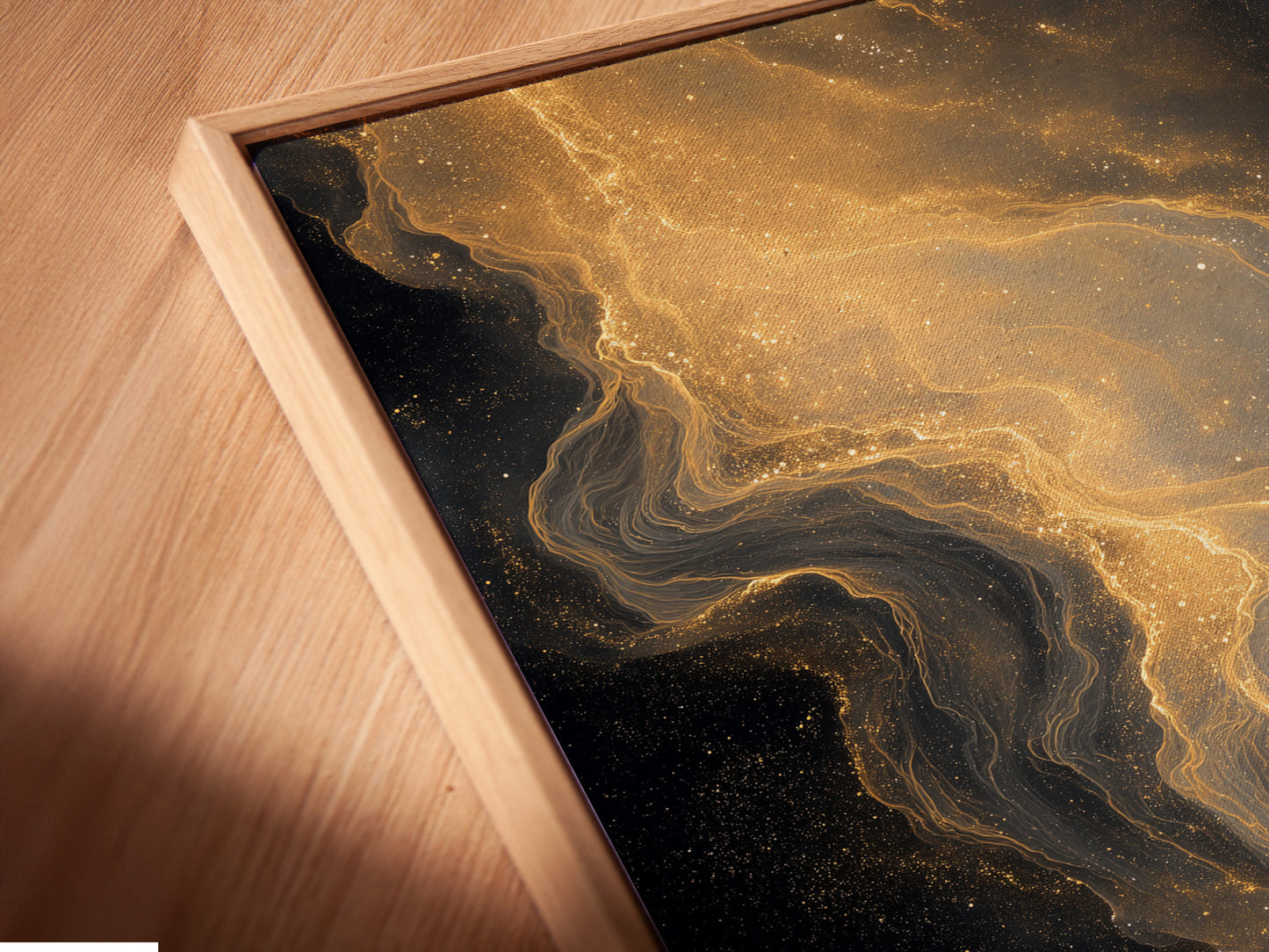 A close-up angled view of a canvas print in a floating frame. The artwork features a captivating abstract art. The floating frame enhances the artwork's visual appeal. It is a modern and stylish way to display art.