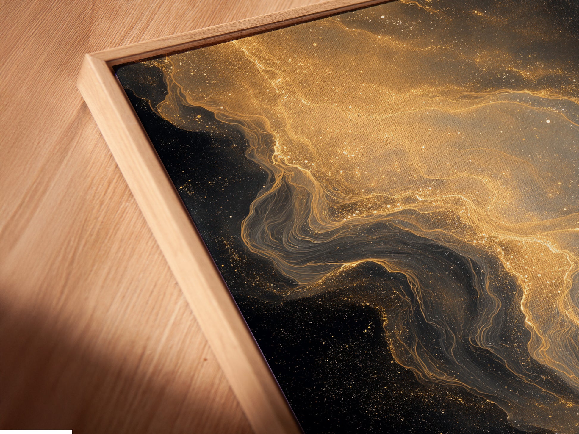 A close-up angled view of a canvas print in a floating frame. The artwork features a captivating abstract art. The floating frame enhances the artwork's visual appeal. It is a modern and stylish way to display art.