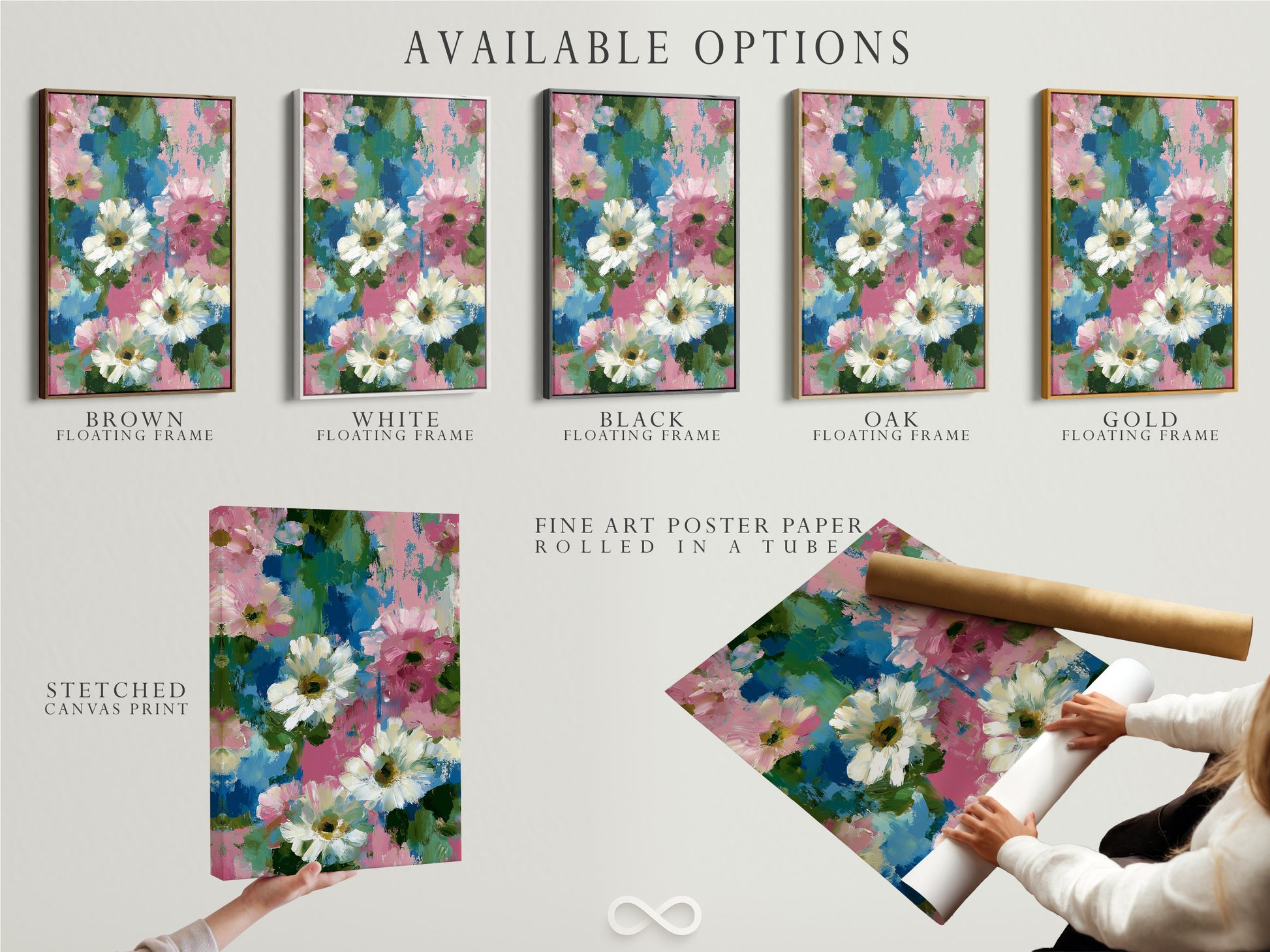 Available options for the floral artwork are displayed. Choose from a stretched canvas print a fine art poster paper or a floating frame. The pink and blue flower wall art is perfect for your space. Impressionist botanical artwork for bedroom decor. Ideal for personalizing your home. This daisy art print enhances your style.