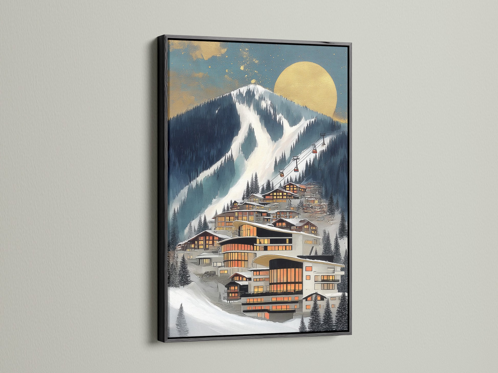 A framed Alpine Village artwork is displayed. The frame is black. The snow village art is a refined piece. It complements minimalist and Scandinavian styles. Suitable for studios and mountain resorts.