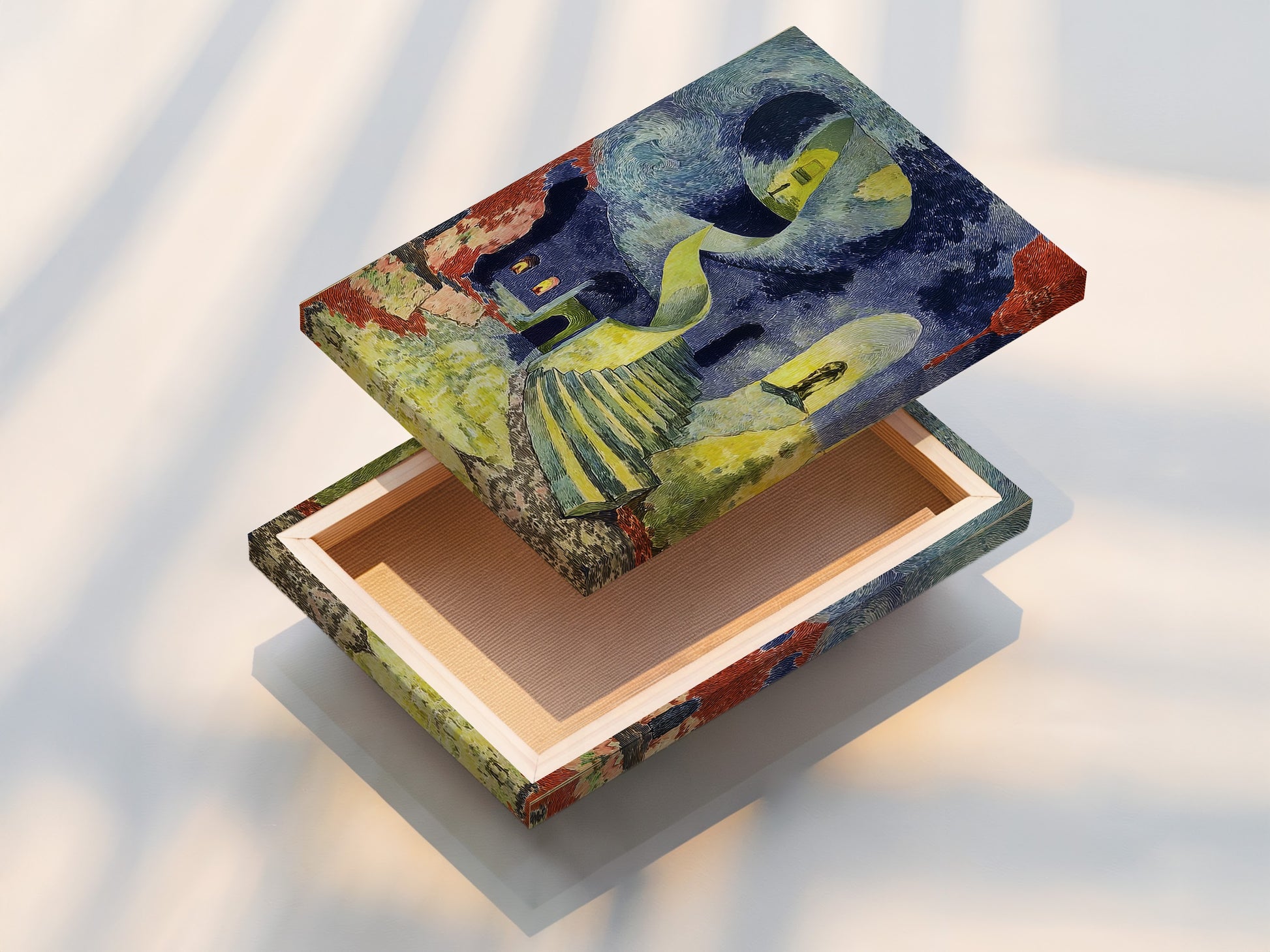 This is a stretched canvas print of the surreal staircase artwork. The print embodies a Van Gogh style. It's dreamlike architecture. The art nouveau style is prominent with blue and yellow hues. The stretched canvas offers a gallery-ready look. It's perfect for bedroom wall decor. It makes a statement in any space.