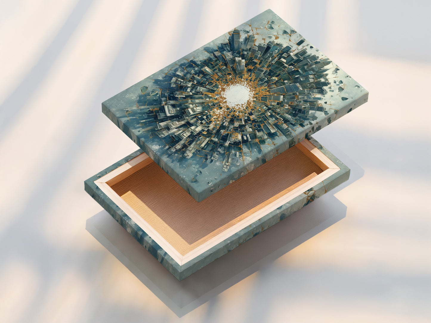 Stretched canvas print of an abstract cityscape. This urban skyline tunnel art features a modern blue and gold print. The stretched canvas provides a gallery-quality look. Perfect for living room or office wall decor. Enjoy the contemporary appeal of this artwork.