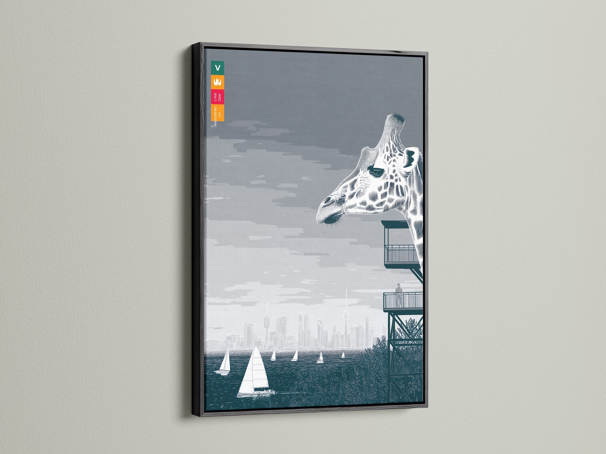 This giraffe art canvas print showcases a city skyline and sailboats in a sleek black frame. The modern gray and blue artwork creates a sophisticated look. Ideal for adding a contemporary touch to your wall decor.