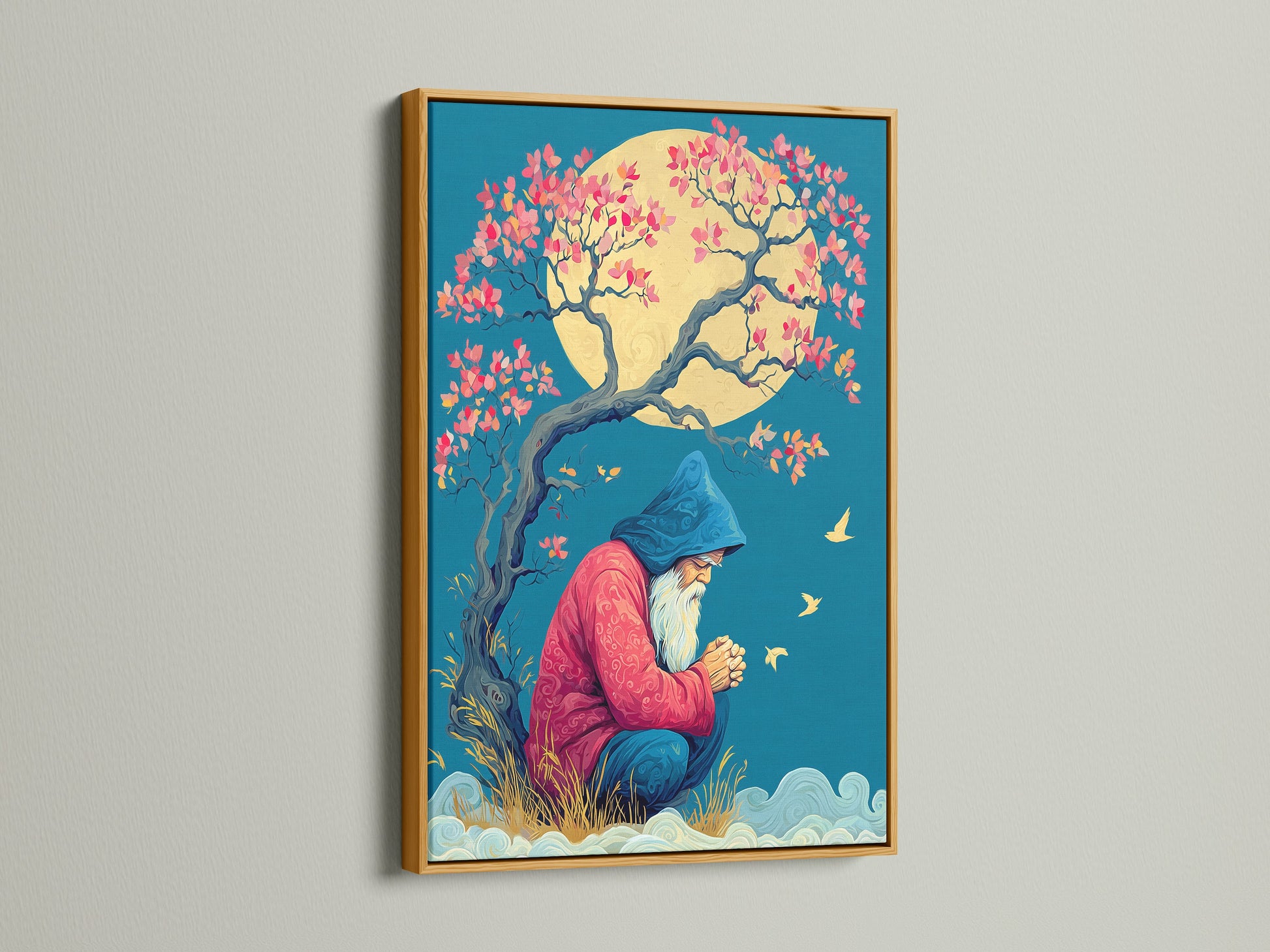 Gold Frame displays a Wizard Canvas Print. This mystical tree wall art provides fantasy artwork for meditation room decor. Find spiritual magic wall art for zen artwork. This serene art print is calming wall art. Discover blue and gold art for a fantasy gift in mythical decor. The gold frame adds elegance.
