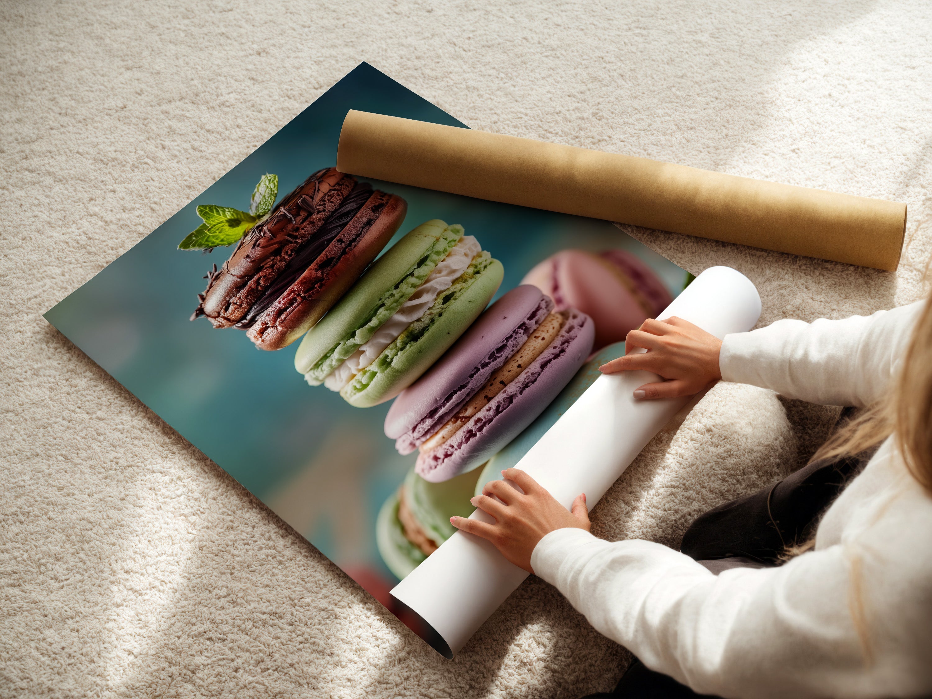 A woman is carefully rolling a fine art poster paper. The poster paper is high-quality ready for printing beautiful artwork. The process highlights the care and attention to detail. Get your art printed on premium fine art paper.