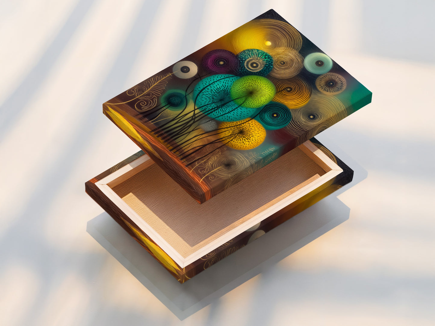 This is a stretched canvas print showcasing abstract floral art. The teal and gold botanical artwork adds modern flair. Ideal for living rooms bedrooms and offices. This contemporary art piece suits minimalist and scandi decor. Transform your walls with this stunning artwork.