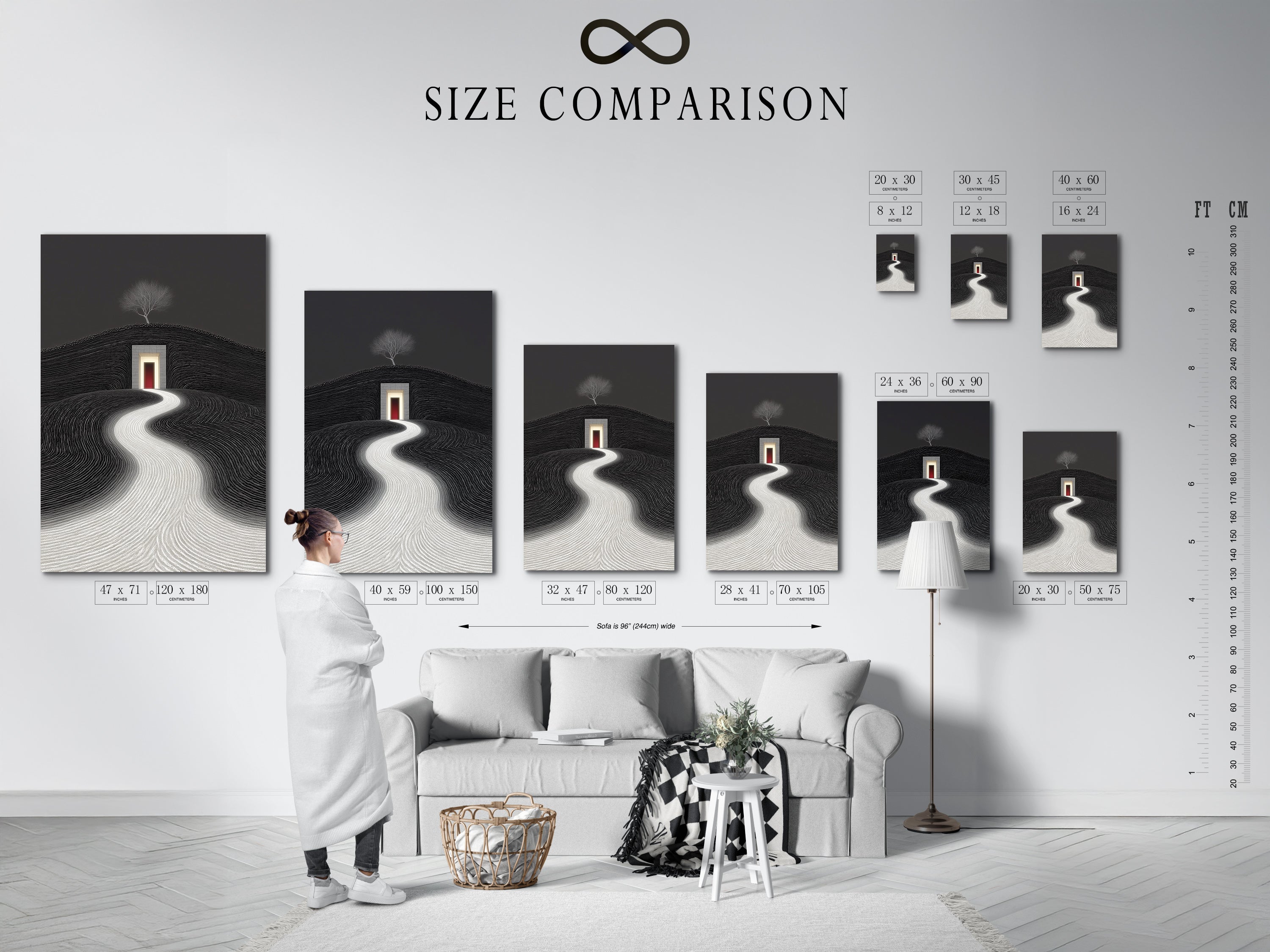 Size comparison chart for minimalist landscape art. See how different sizes fit in your interior. The surreal path artwork is perfect for any room. Choose the ideal canvas for your black and white geometric decor today.