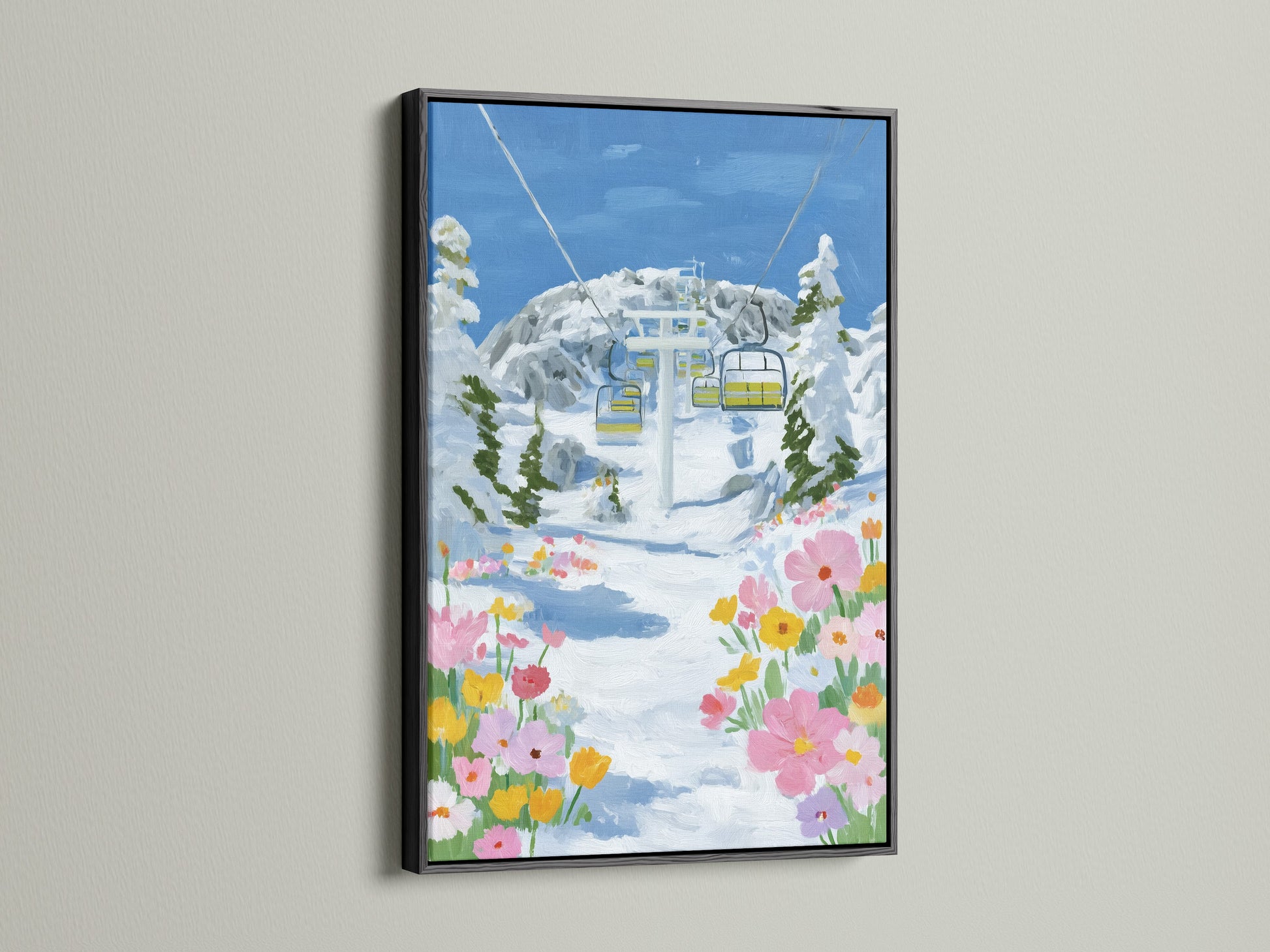 A black frame enhances the Ski Lift artwork. This mountain canvas print features a winter scene. Alpine wall decor brings a rustic touch. Perfect for creating a cozy ski lodge art atmosphere.