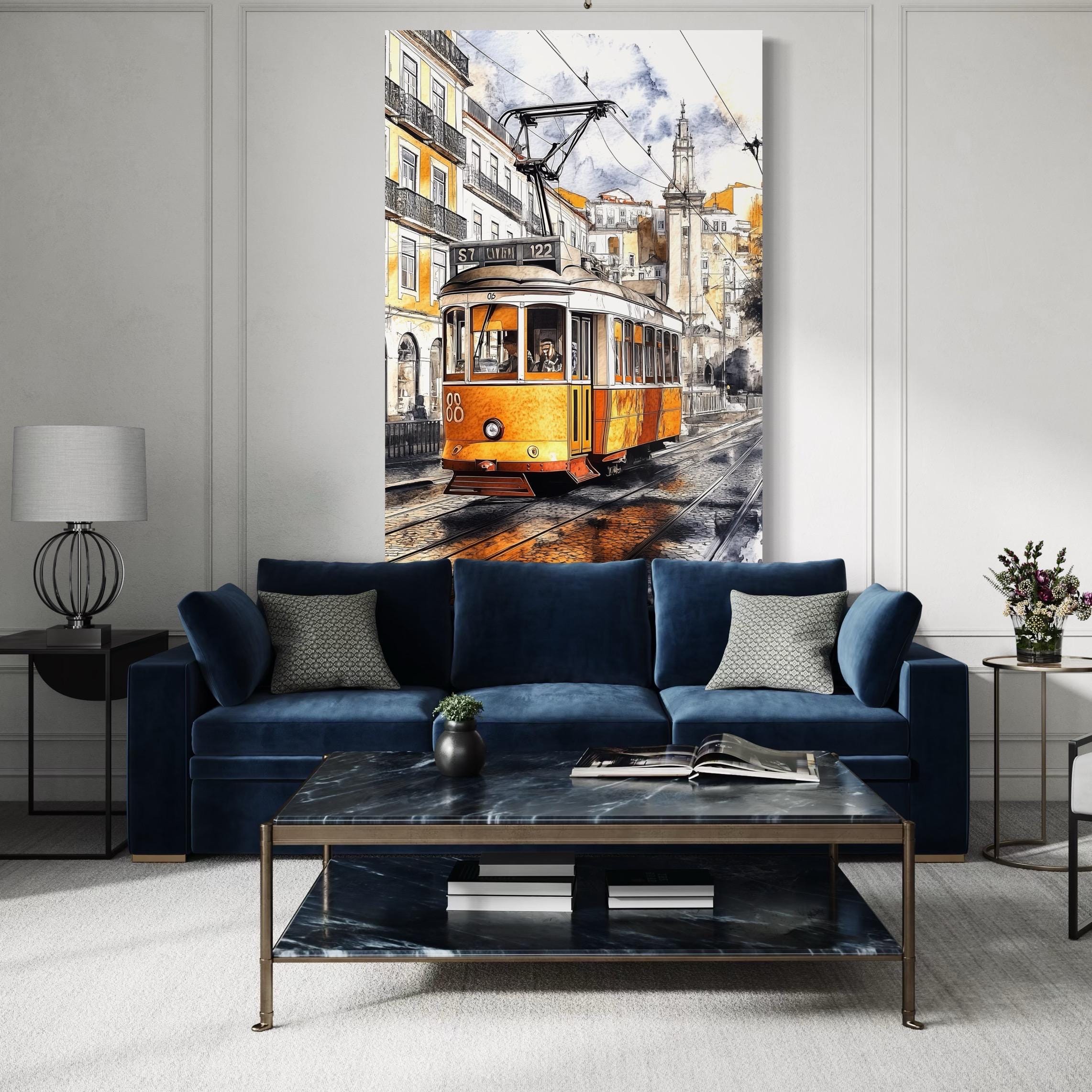 Tram de Lisbonne - Impression aquarelle, Paysage urbain portugais sur toile, Impression sur toile d'un tram jaune, Décoration murale de Lisbonne, Œuvre d'art lisboète