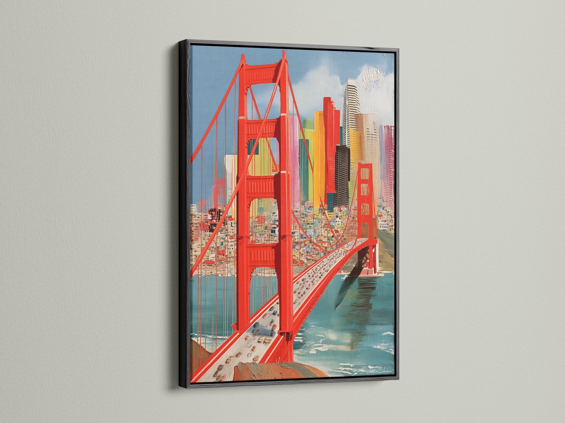 The Golden Gate Bridge artwork is presented in a sleek black frame. This San Francisco print is a perfect addition to modern city art collections. The bridge canvas art adds a sophisticated touch to your office wall decor or home. It is a vibrant wall art piece.