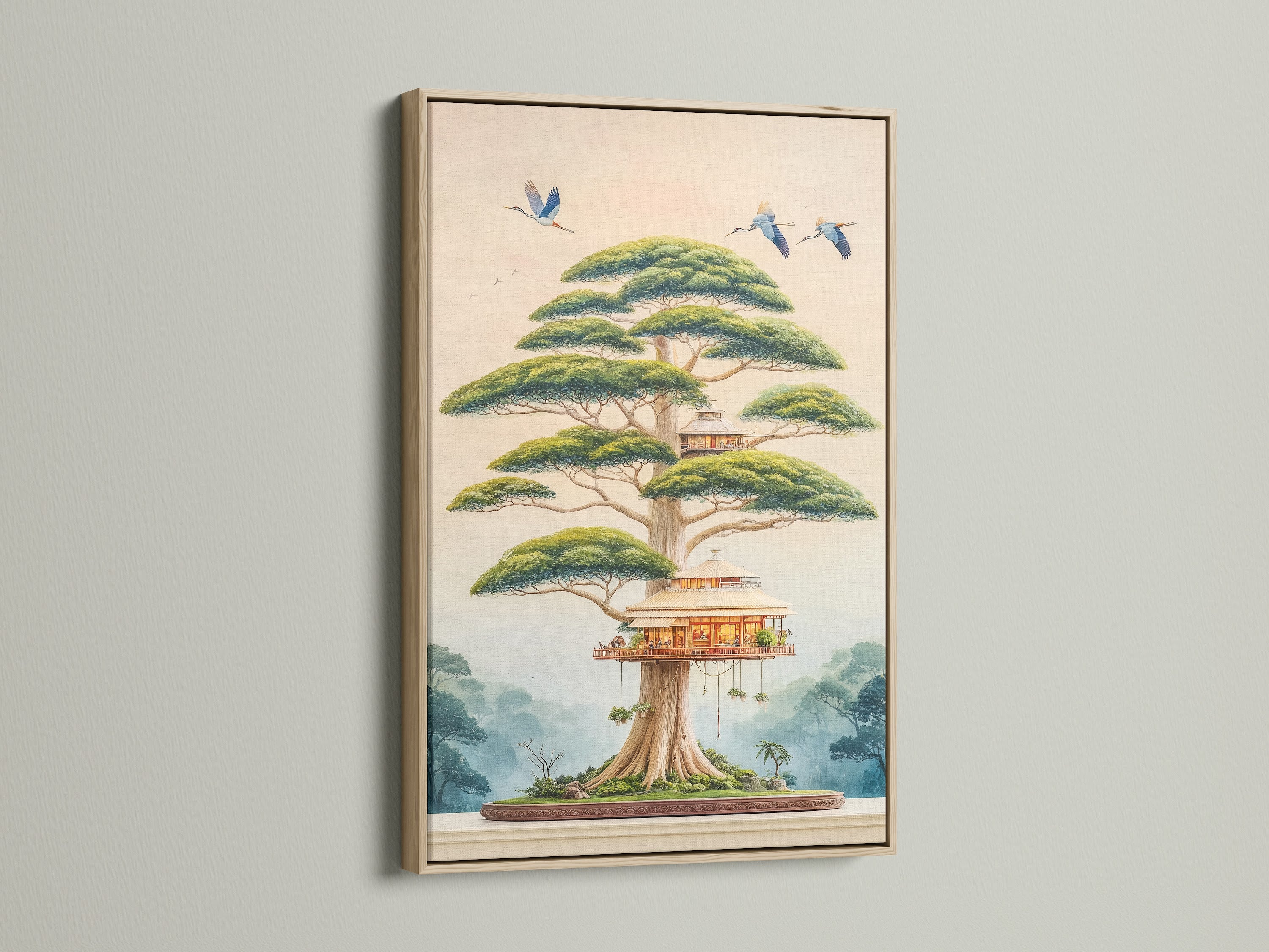 Elevate your space with this framed Japanese Bonsai Tree House art piece. The oak frame enhances the zen wall art. Perfect for living rooms bedrooms and offices. This tree house print brings a peaceful touch to any room.