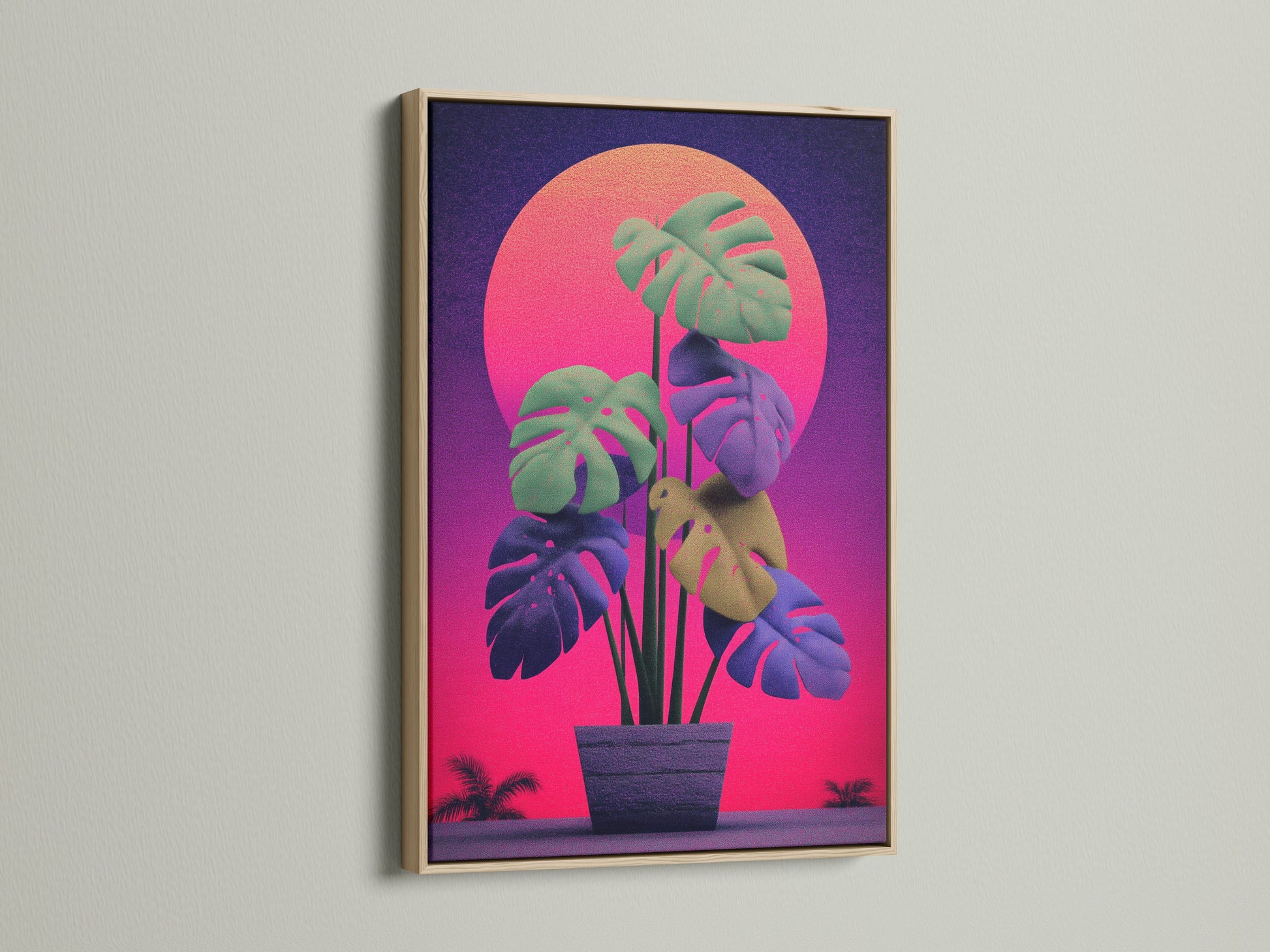Monstera retro sunset artwork in an oak frame. The botanical artwork features a vibrant sunset background. The monstera plant is set in a purple pot. Perfect retro art for modern spaces.