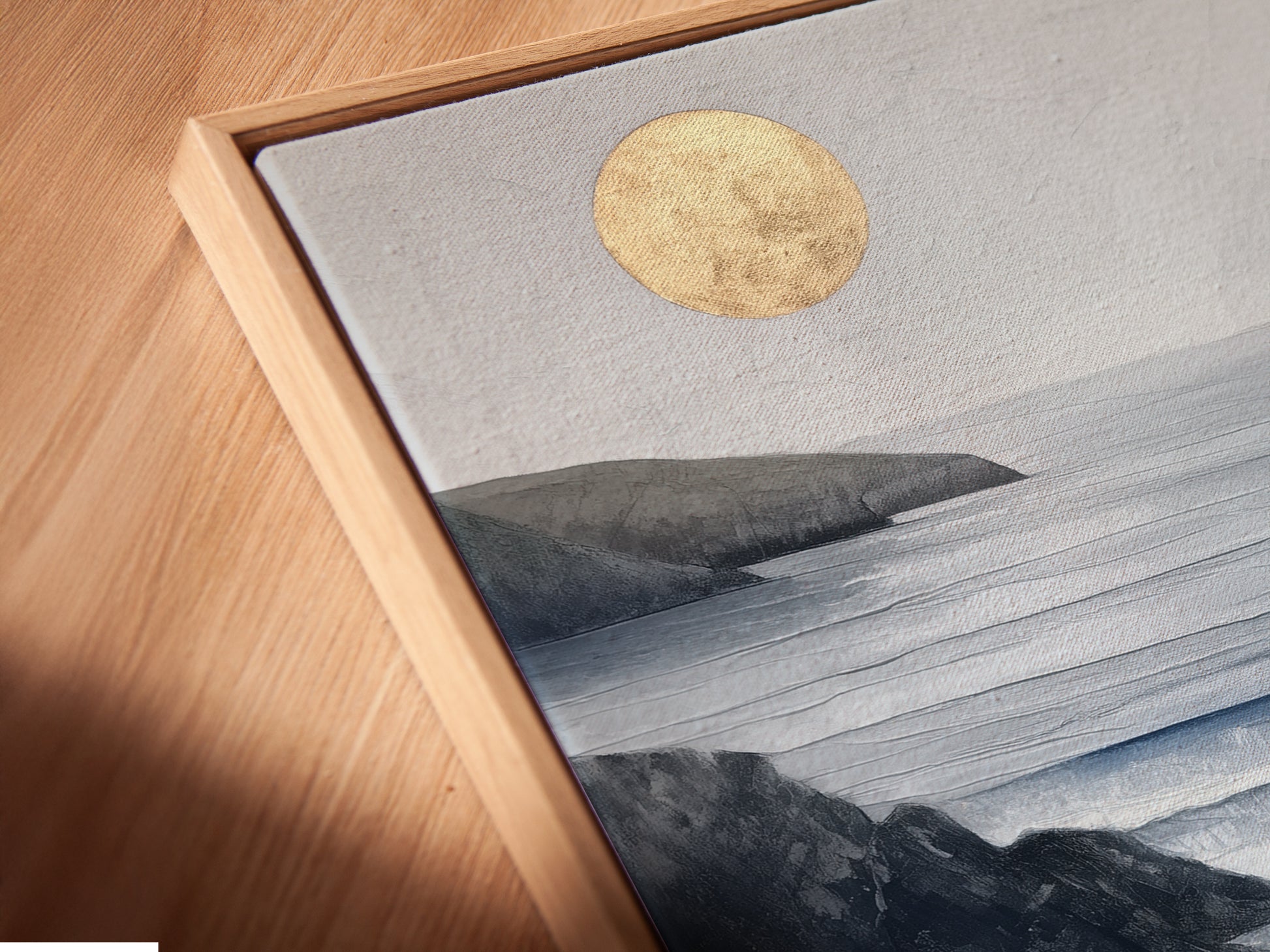 Close-up angled view of a canvas print in a floating frame. The coastal artwork appears to float. It enhances the modern art print feel. Perfect for adding depth to your beach wall art collection.