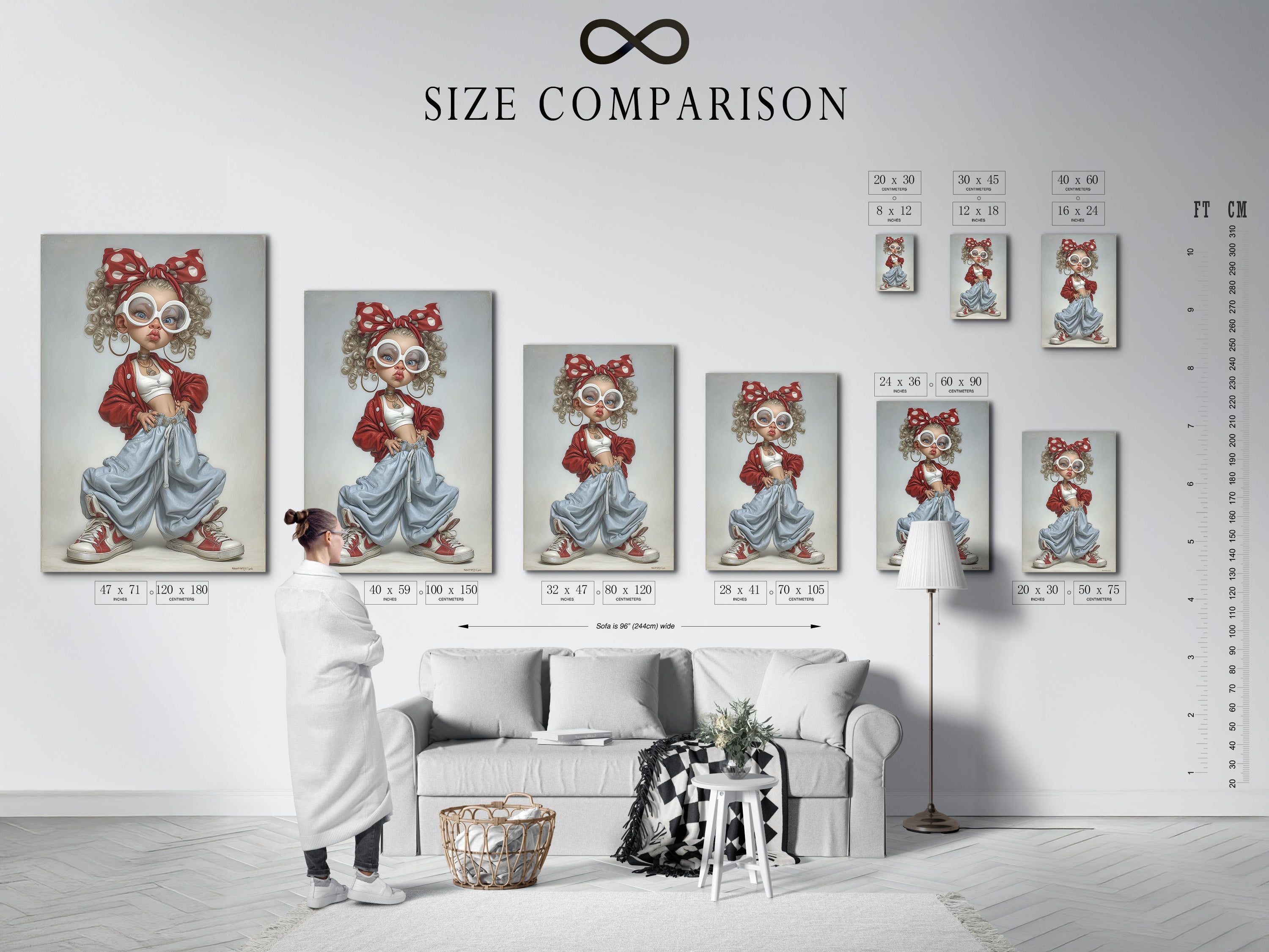 A size comparison chart is displayed in an interior setting. The chart shows various sizes of available prints. This helps you visualize the perfect fit for your space. Choose the ideal size to bring artwork to your home. Get the perfect size for your wall.