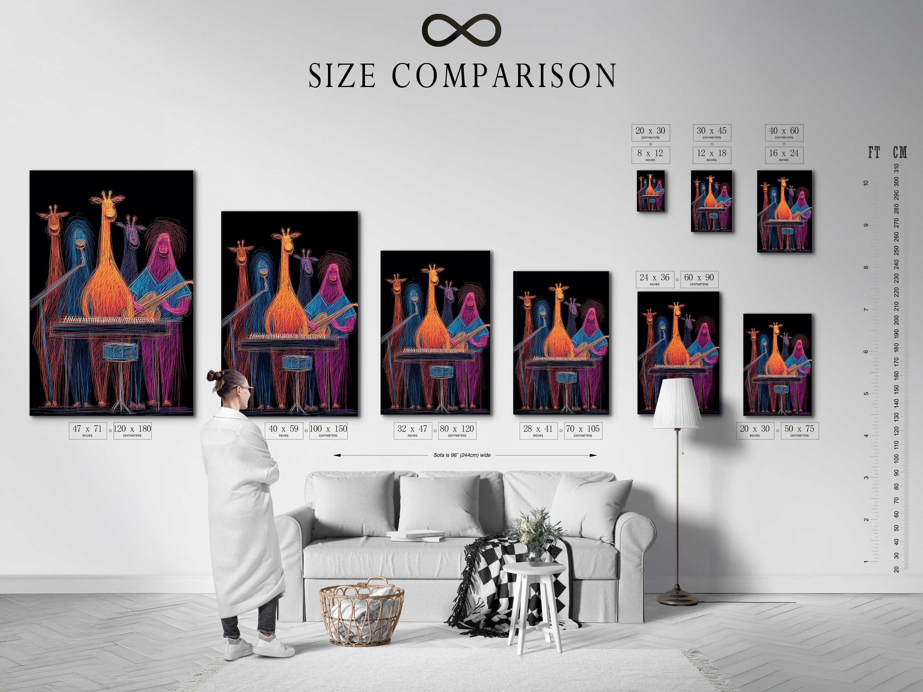 Size comparison chart in an interior setting. See how giraffe band artwork fits your space. Colorful music wall decor enhances any room. Neon animal musicians add a playful touch. Find the perfect size for your funky animal print. Visualize vibrant animal art.