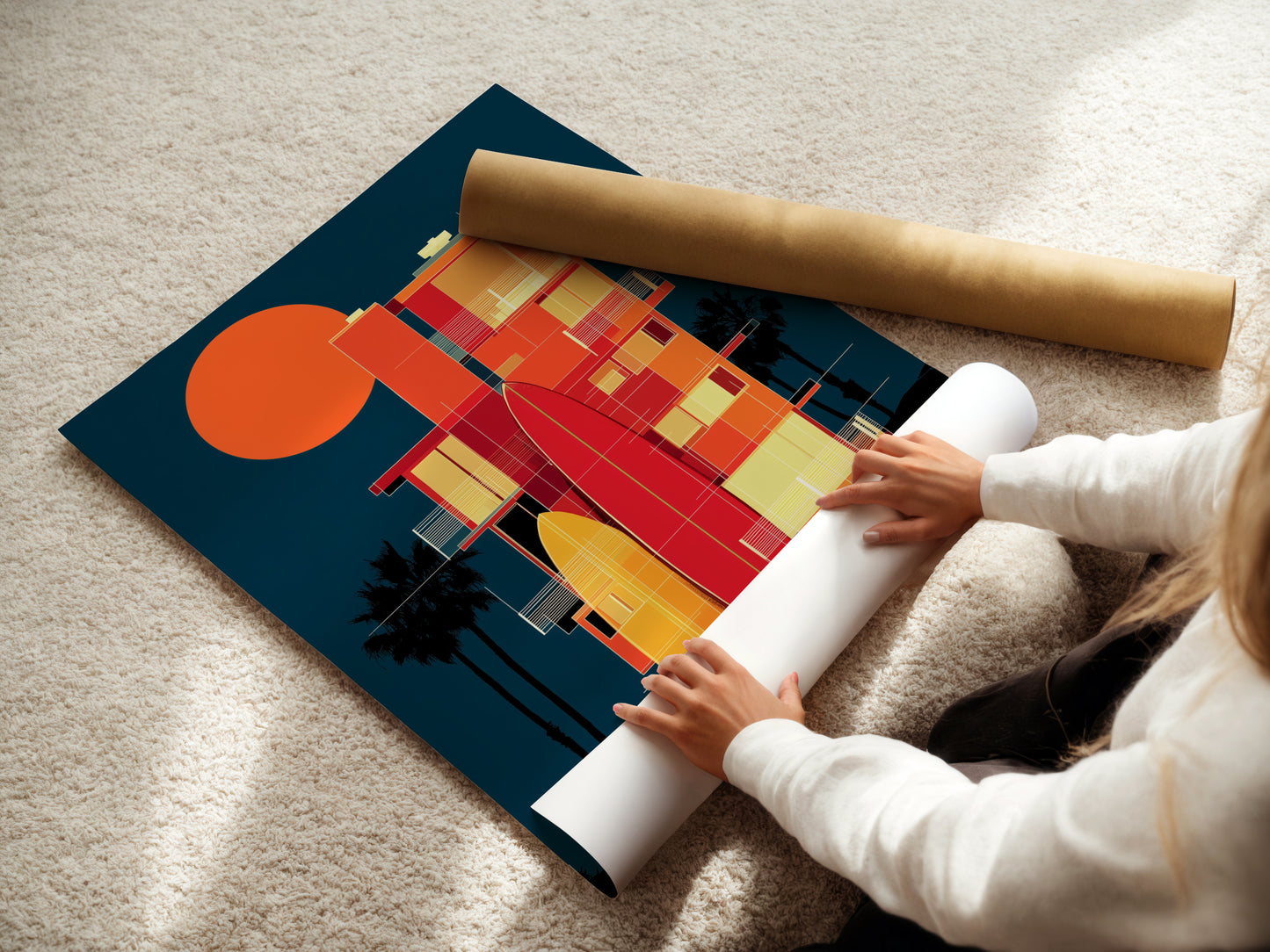 A woman carefully rolls a fine art poster paper. The surfboard artwork print is ready for framing. This coastal architecture poster is perfect for home decor. Ideal for adding a touch of summer vibes. The retro beach house wall art enhances any space.