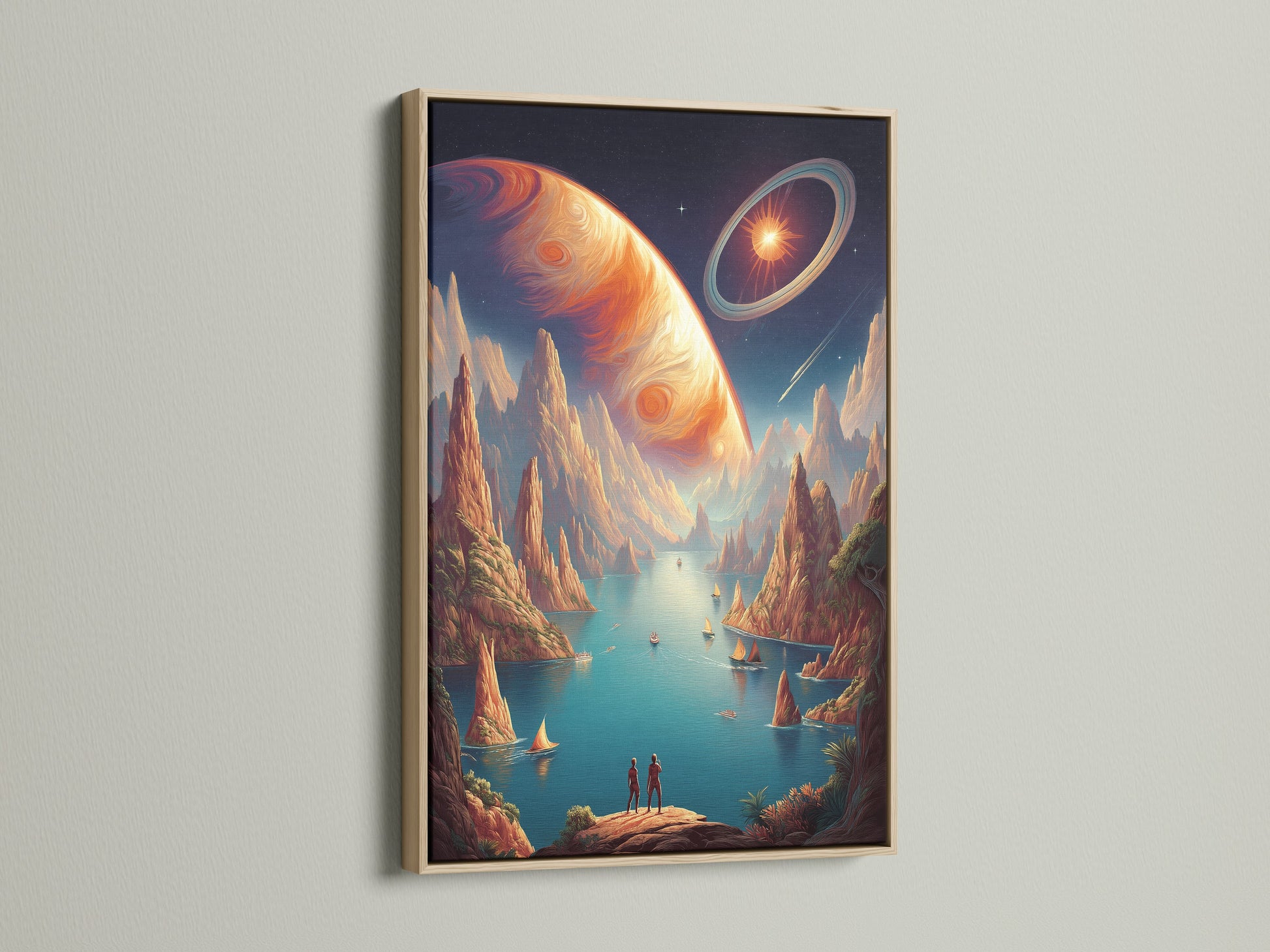 A stunning cosmic landscape canvas print is showcased in an oak frame. The surreal planet artwork features orange and teal hues. Ideal for adding a touch of sci-fi wonder to any room this piece enhances modern decor.