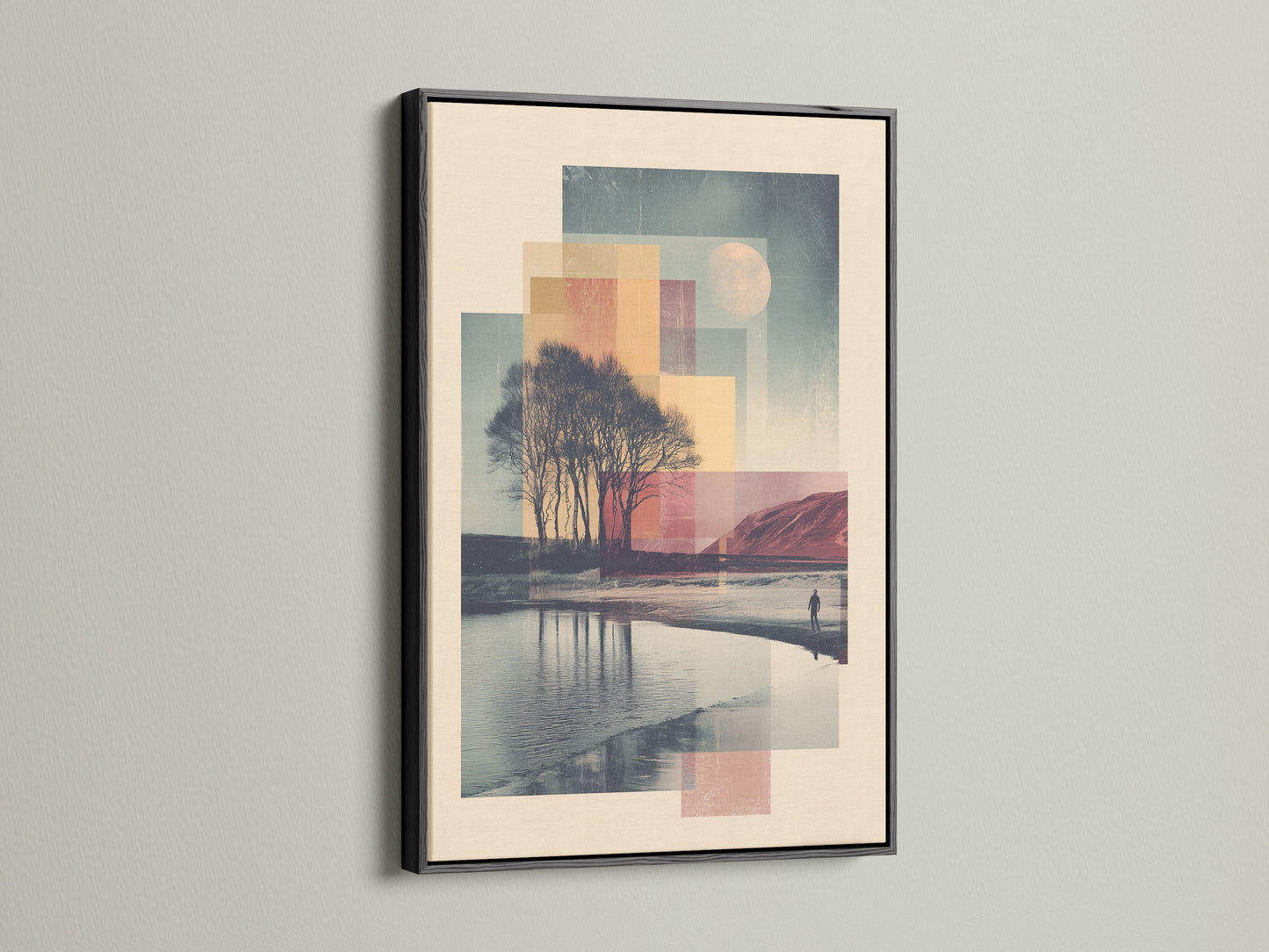 Black frame. The artwork features a serene landscape. It has a body of water and trees. This black frame is a modern choice. It adds a touch of sophistication to any room.