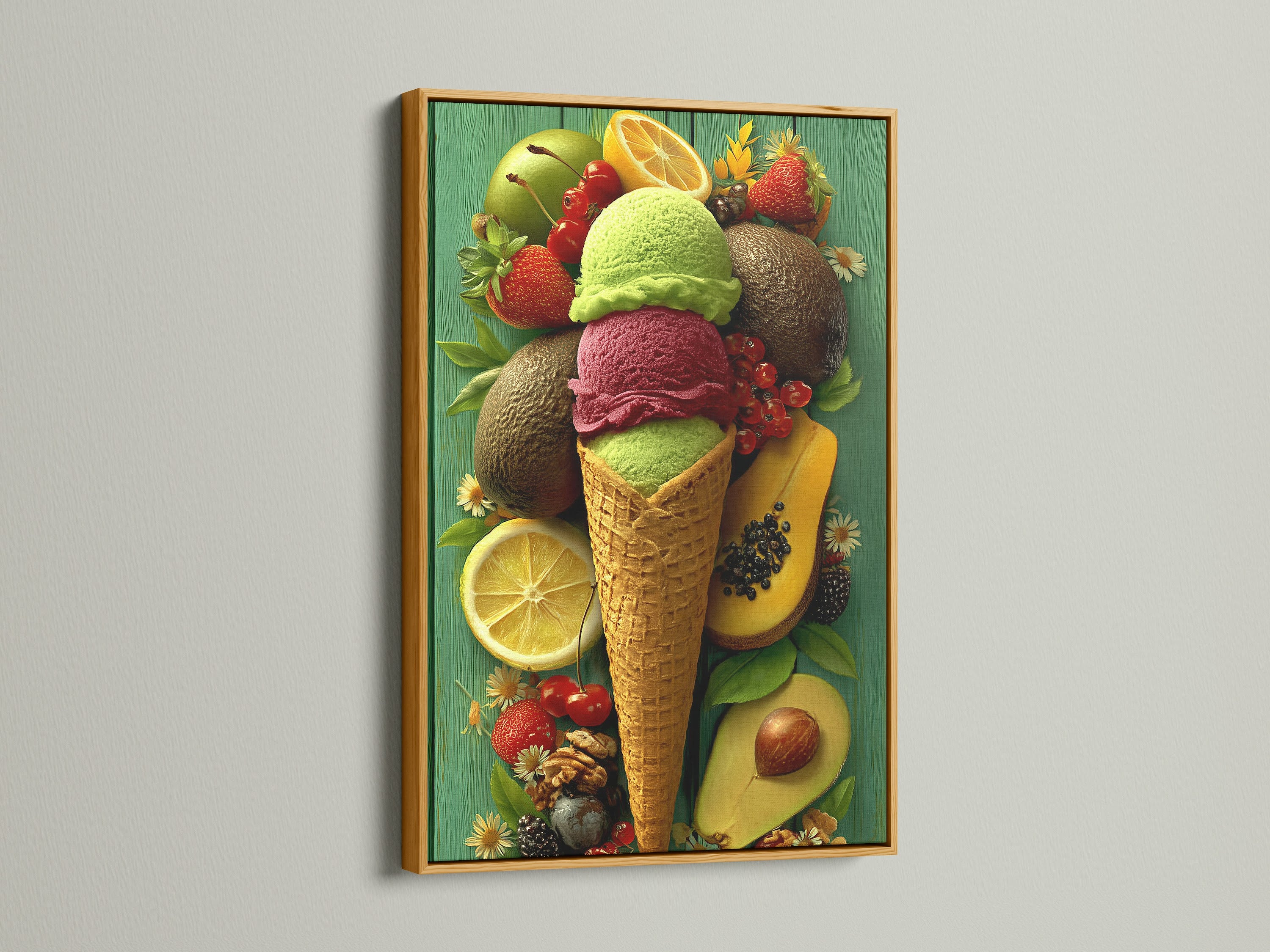 Elevate your decor with a gold framed art print. The print features an ice cream cone. It is surrounded by vibrant fruits. The gold frame adds a touch of luxury. It enhances the artwork's appeal. A perfect statement piece for any room. Enjoy the elegance of gold.